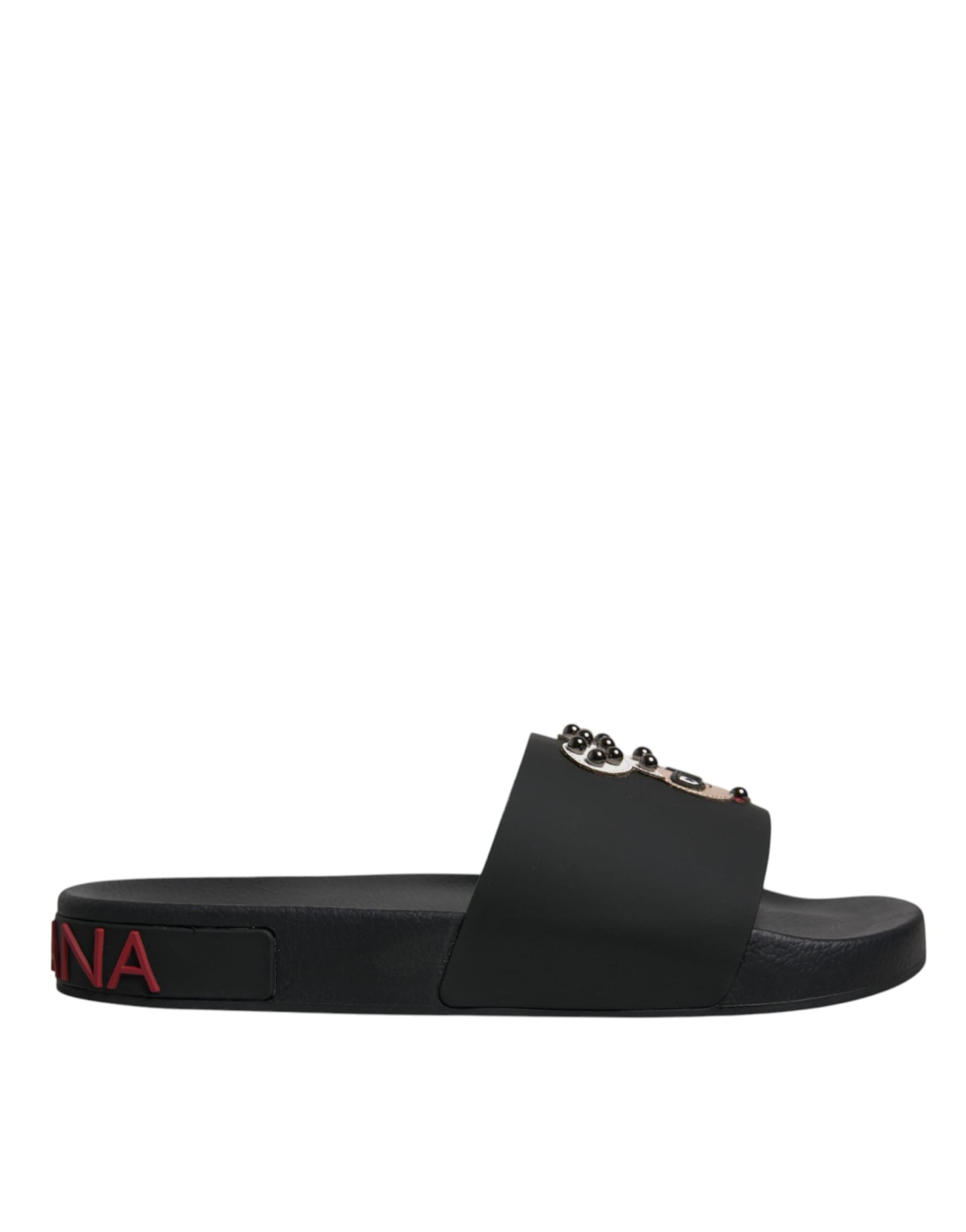 Dolce & Gabbana Black Leather Slides Sandals Beachwear Shoes - 6