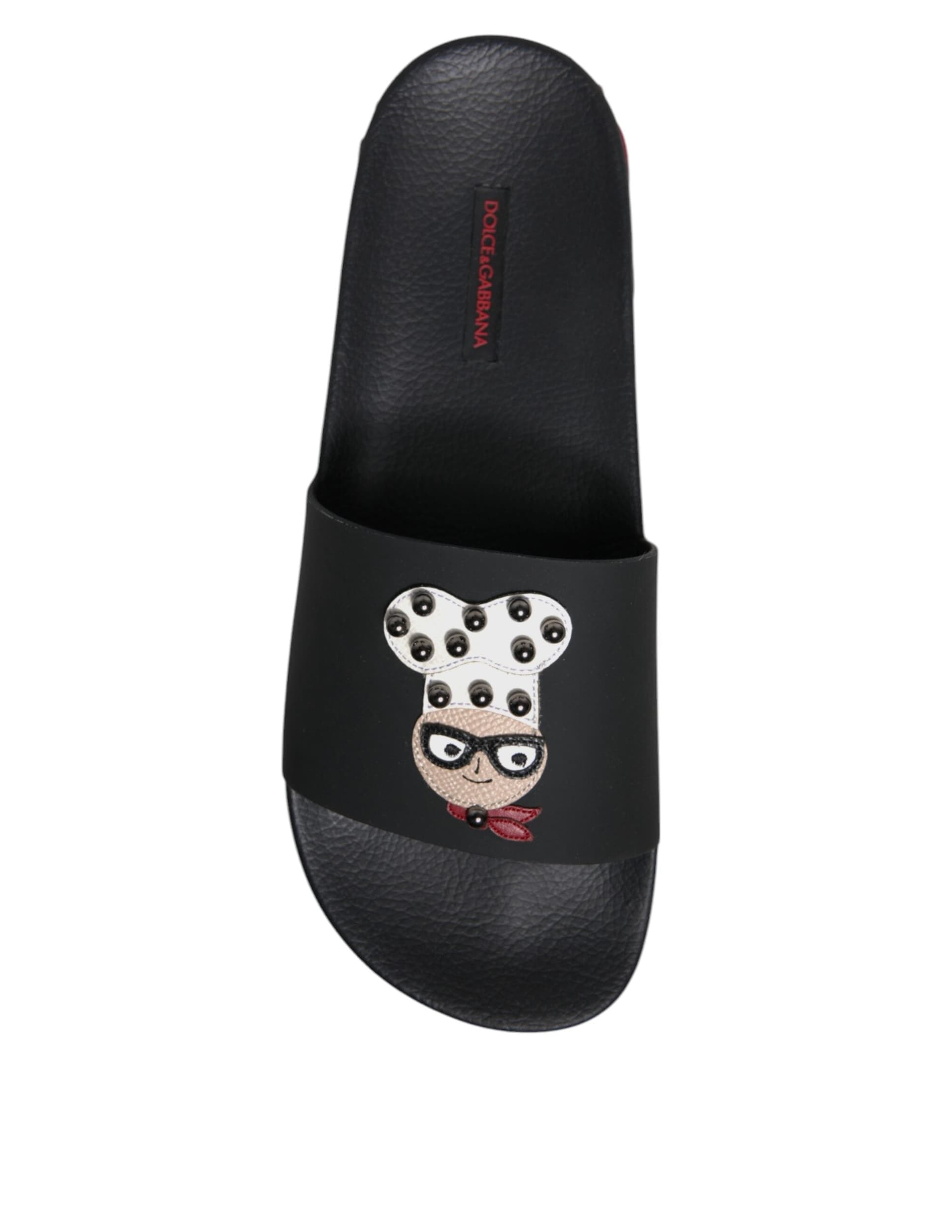 Dolce & Gabbana Black Leather Slides Sandals Beachwear Shoes - 8