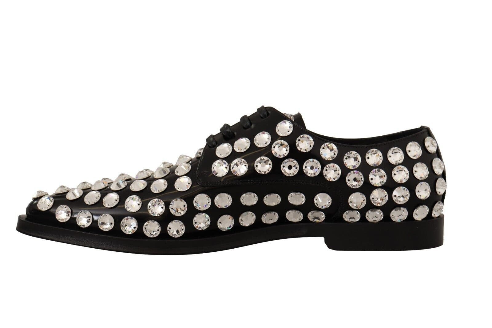 Dolce & Gabbana Black Leather Crystals Lace Up Formal Shoes - 3