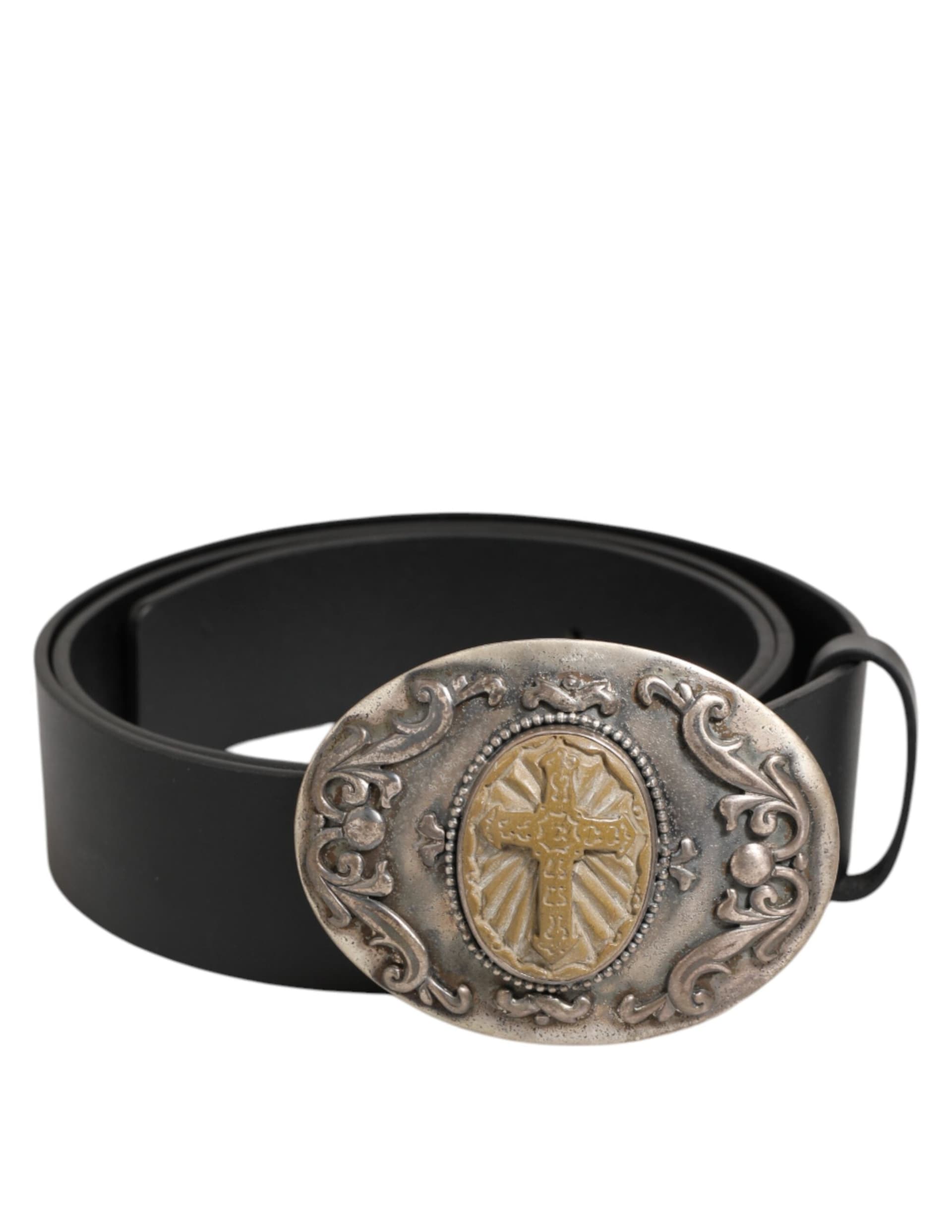 Dolce & Gabbana Black Leather Ornate Metal Buckle Men Belt - 2