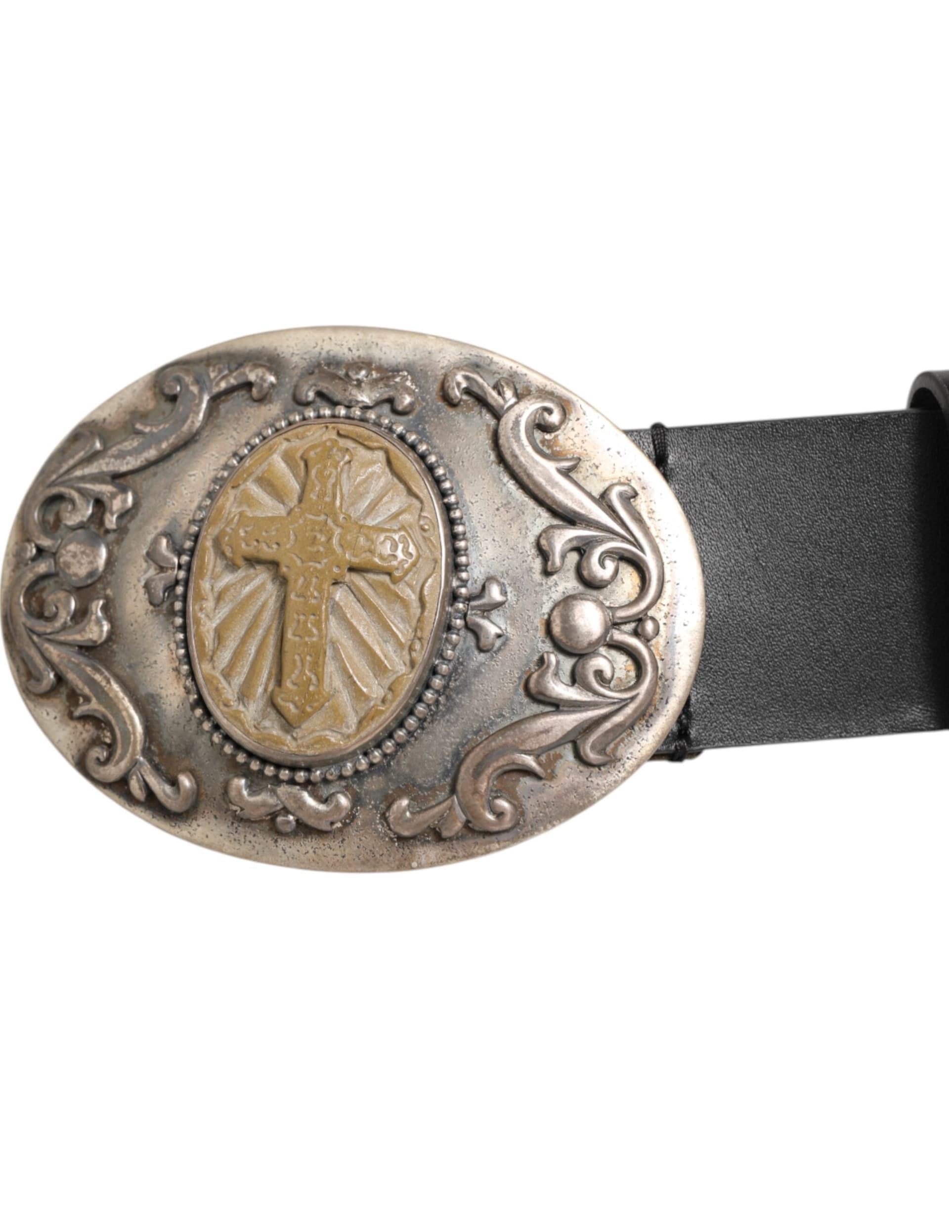 Dolce & Gabbana Black Leather Ornate Metal Buckle Men Belt - 3