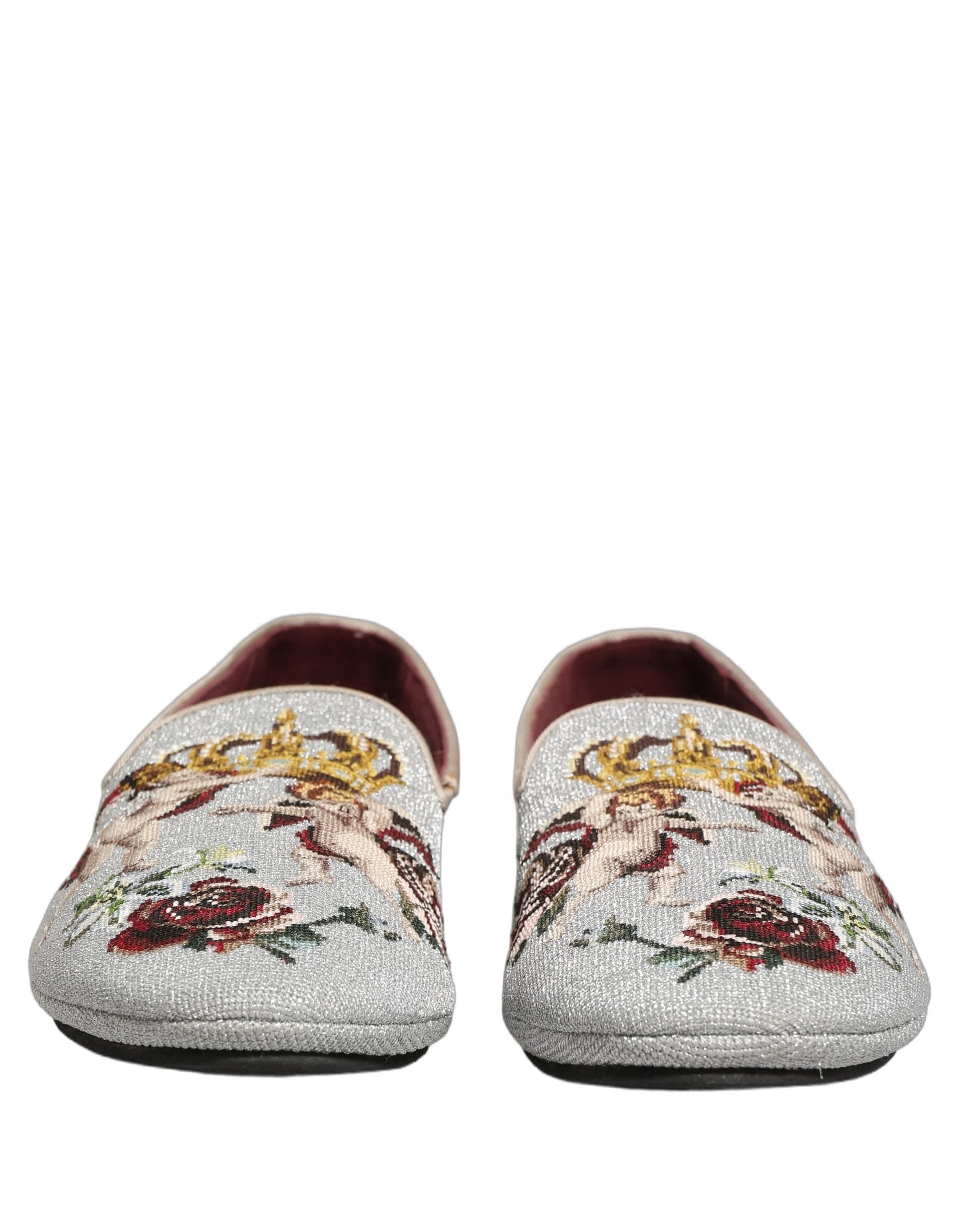 Dolce & Gabbana Gray Crown Rose Angel Embroidery Loafer Shoes - 2