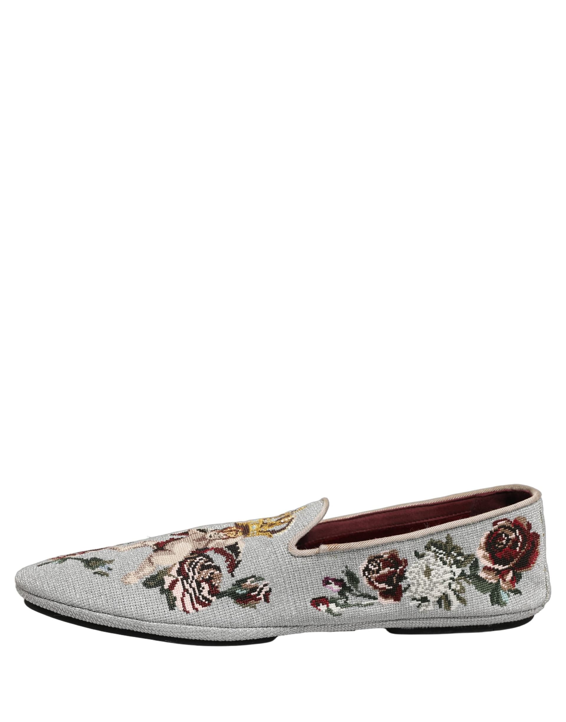 Dolce & Gabbana Gray Crown Rose Angel Embroidery Loafer Shoes - 6