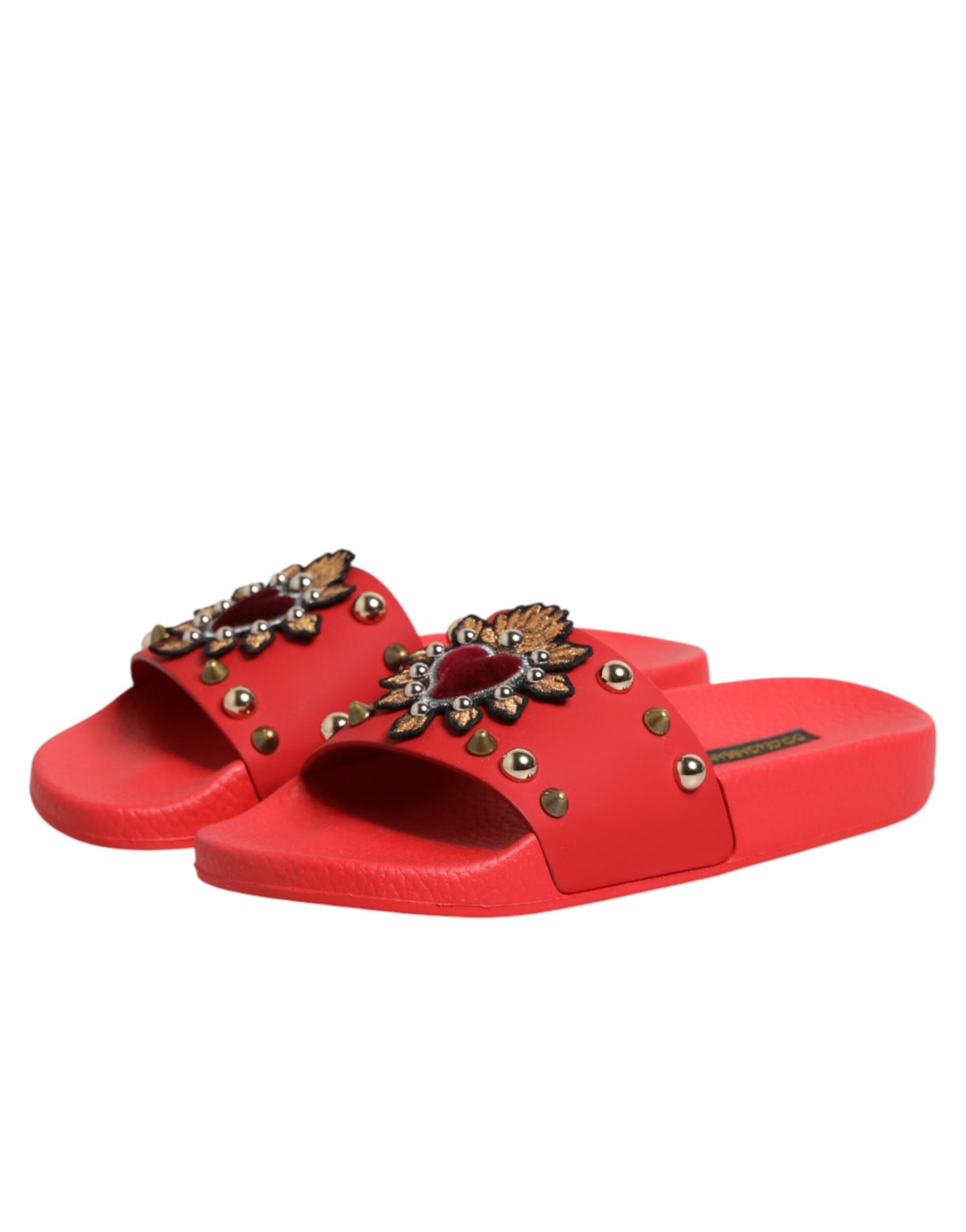 Dolce & Gabbana Red Sacred Heart Stud Slides Beachwear Shoes - 3