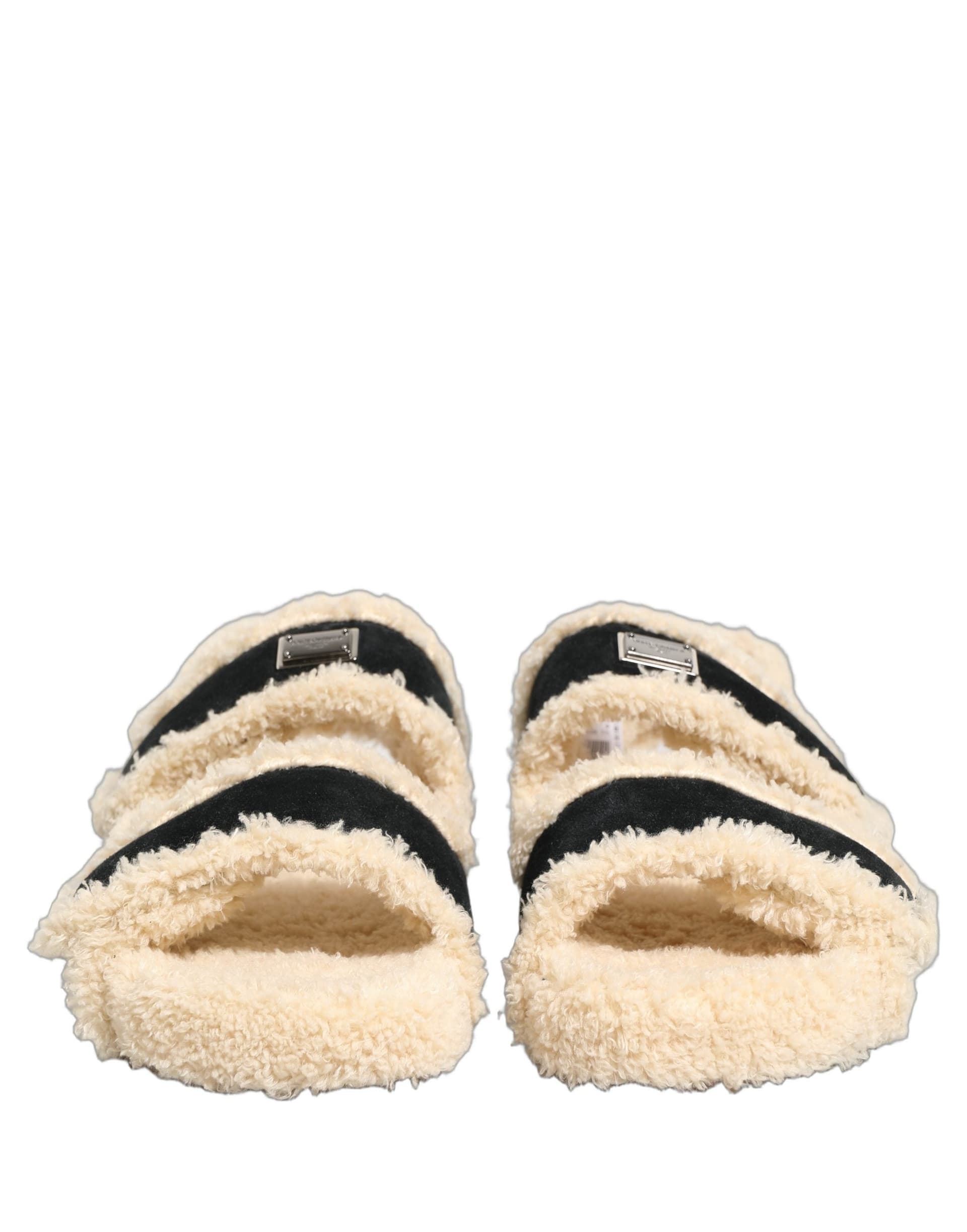 Dolce & Gabbana Beige Black Faux Fur Flats Men Sandals Shoes - 2