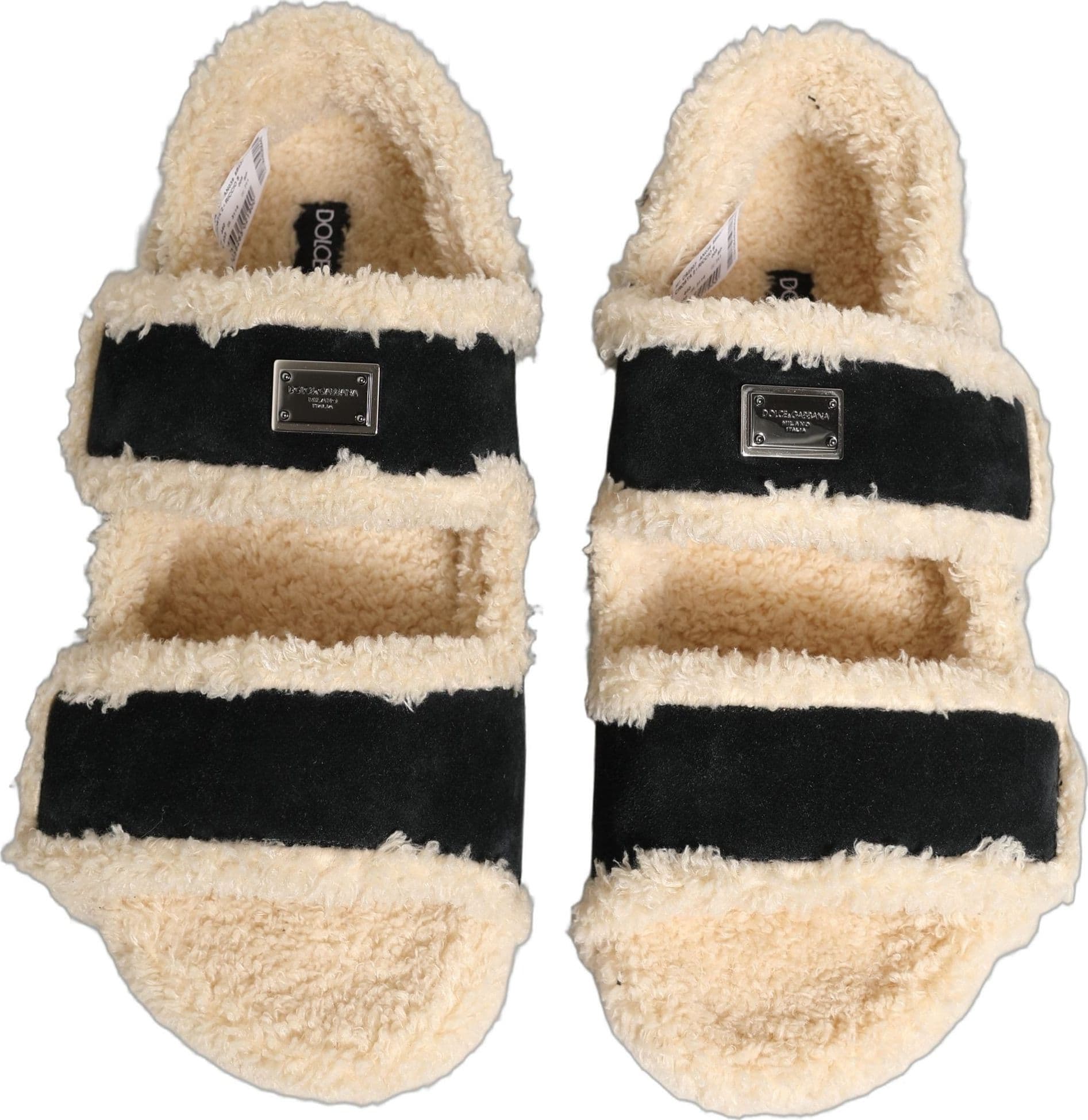 Dolce & Gabbana Beige Black Faux Fur Flats Men Sandals Shoes - 3