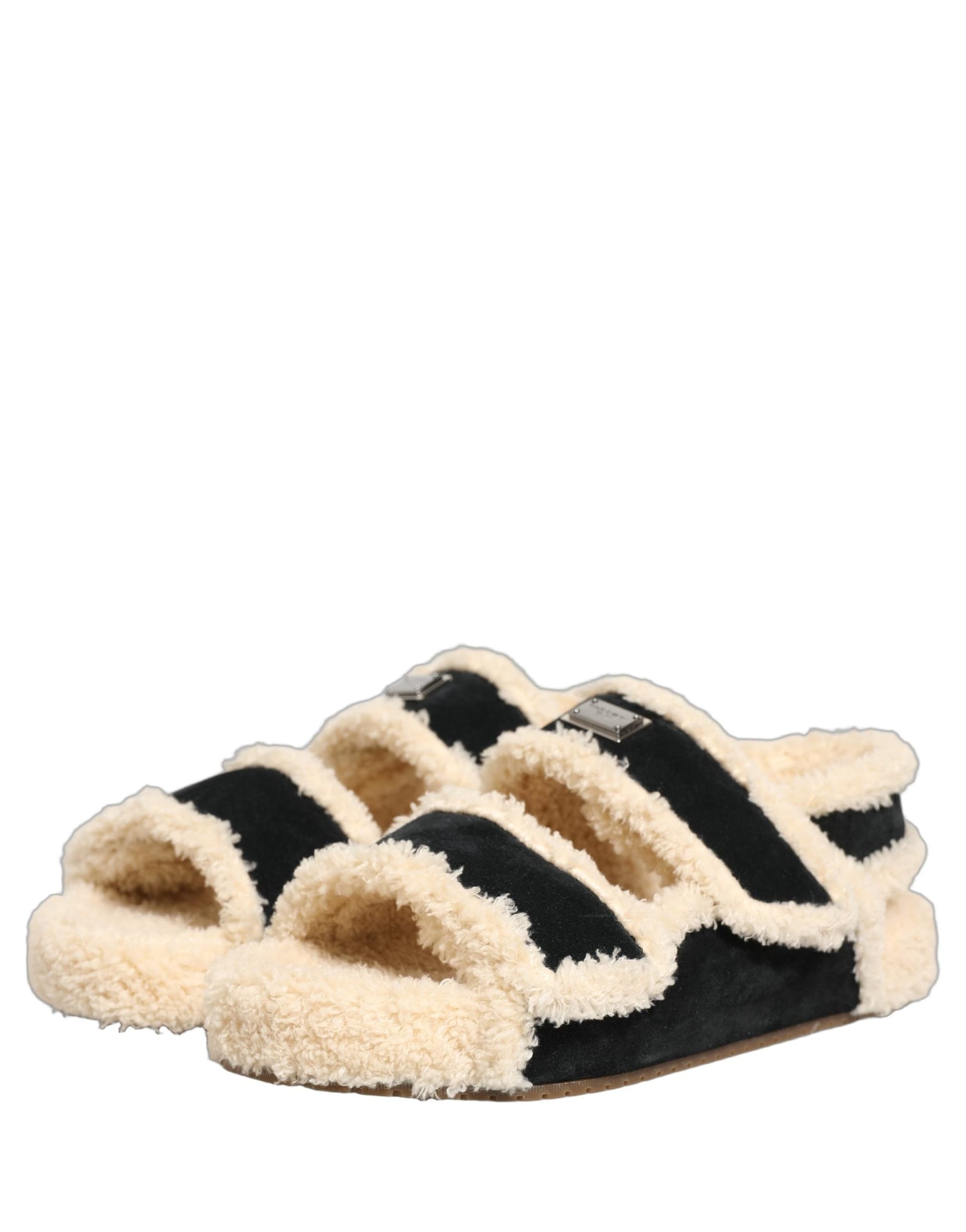 Dolce & Gabbana Beige Black Faux Fur Flats Men Sandals Shoes - 4
