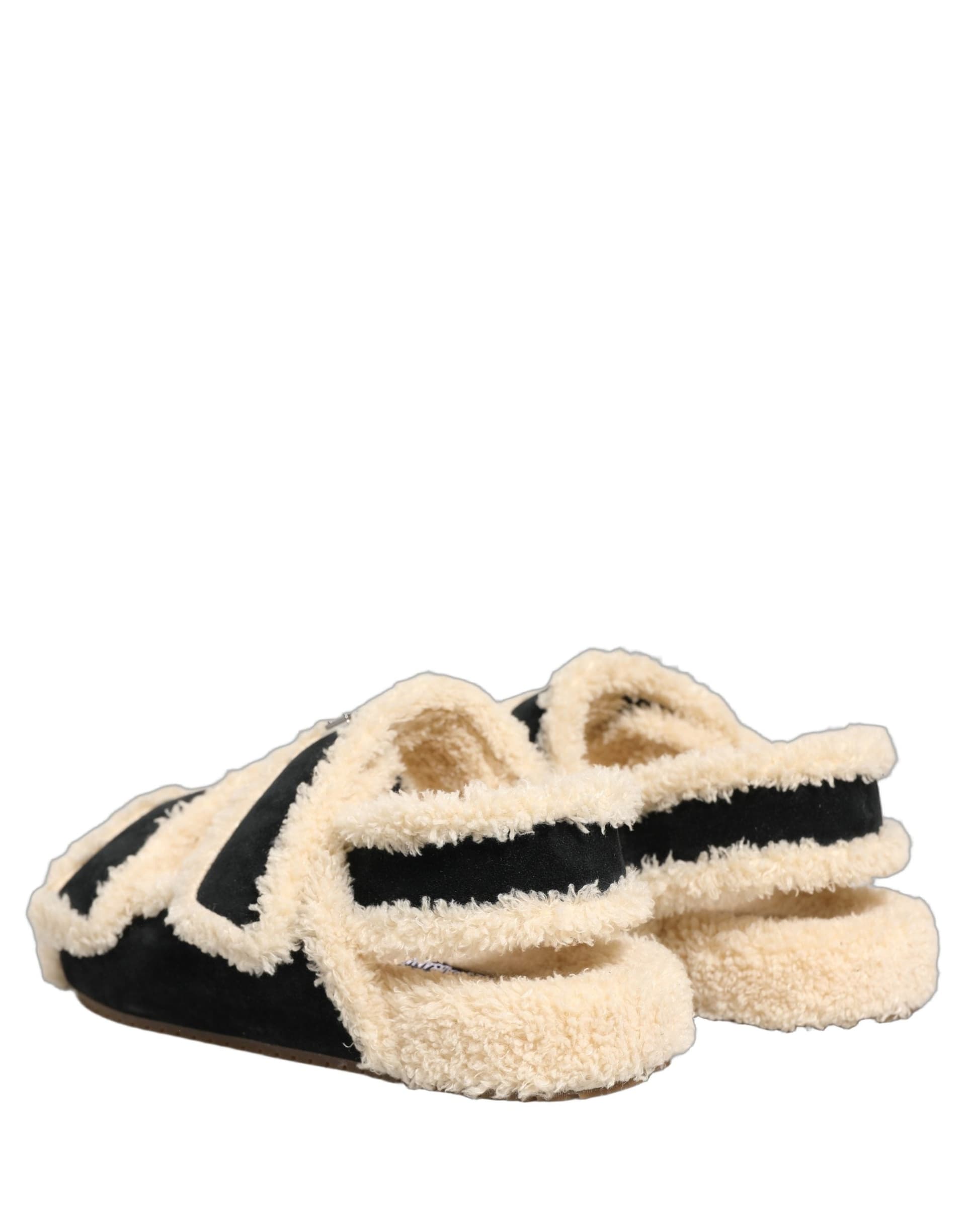 Dolce & Gabbana Beige Black Faux Fur Flats Men Sandals Shoes - 5
