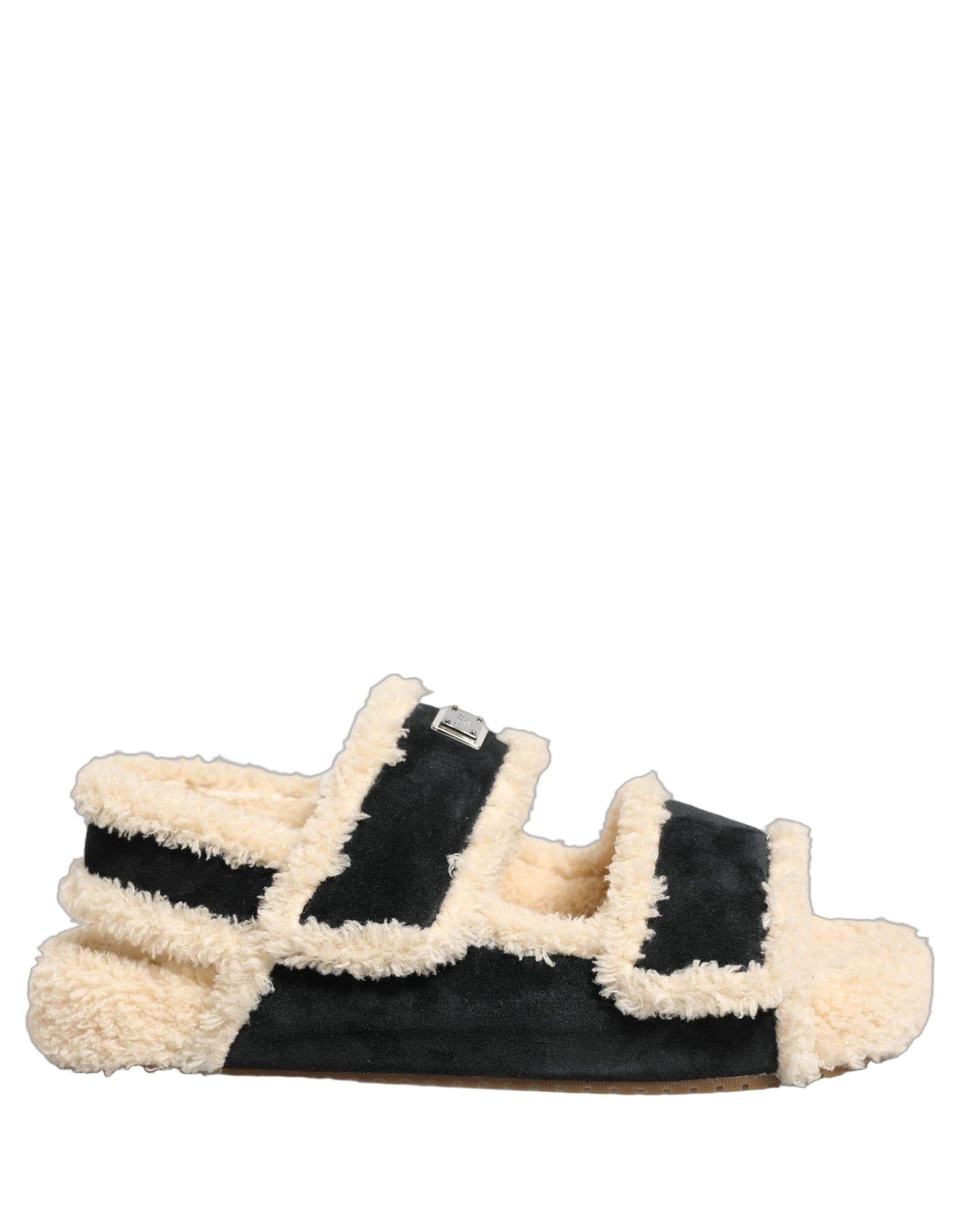 Dolce & Gabbana Beige Black Faux Fur Flats Men Sandals Shoes - 7