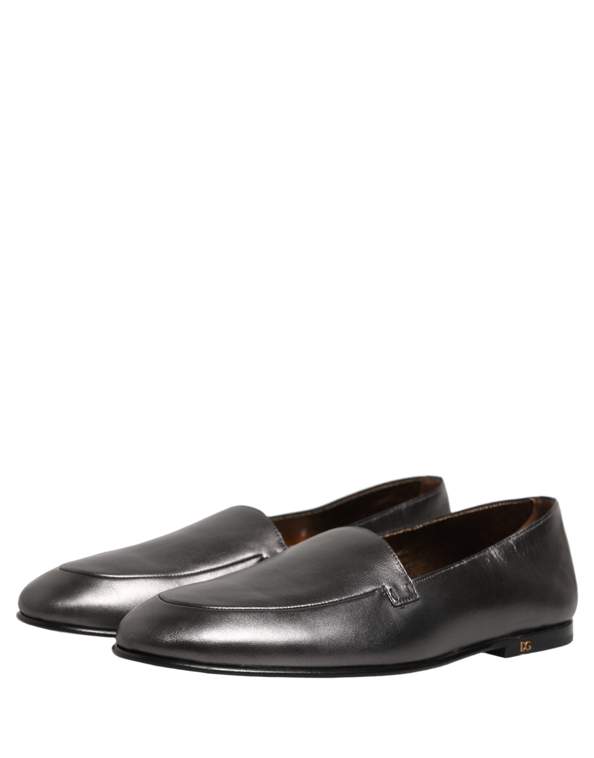Dolce & Gabbana Silver Leather DG Logo Slip On Loafers Shoes - 4