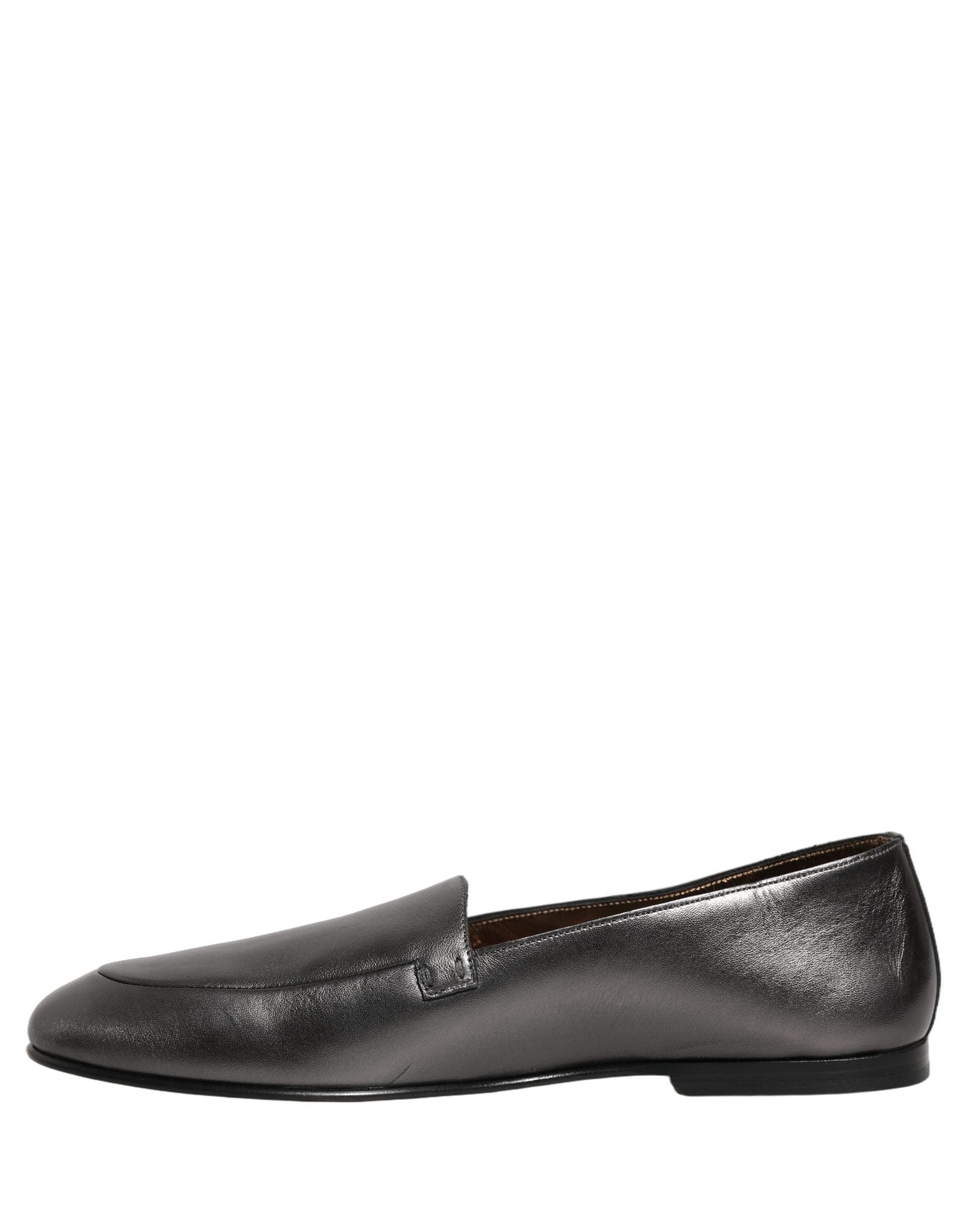 Dolce & Gabbana Silver Leather DG Logo Slip On Loafers Shoes - 6