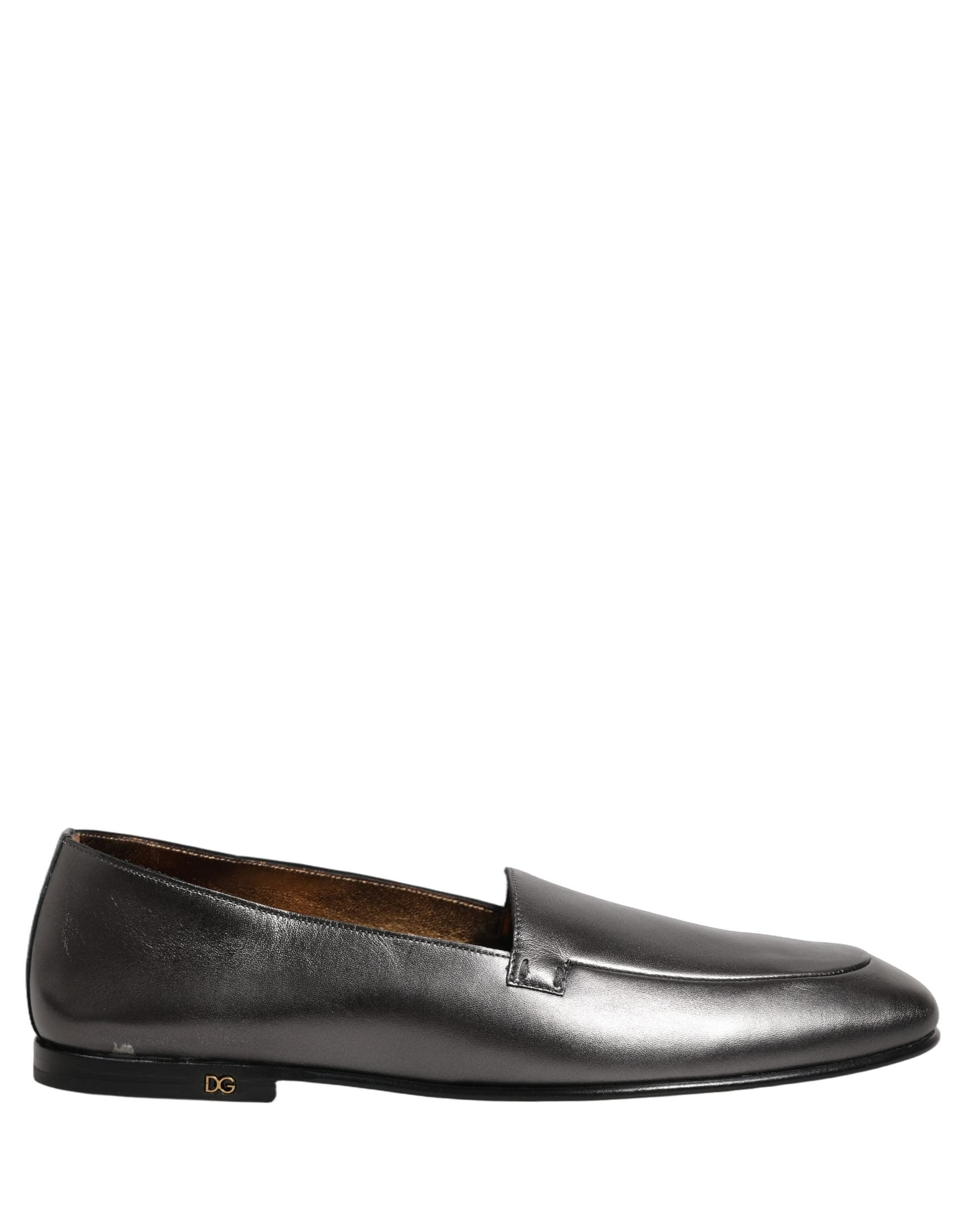 Dolce & Gabbana Silver Leather DG Logo Slip On Loafers Shoes - 8