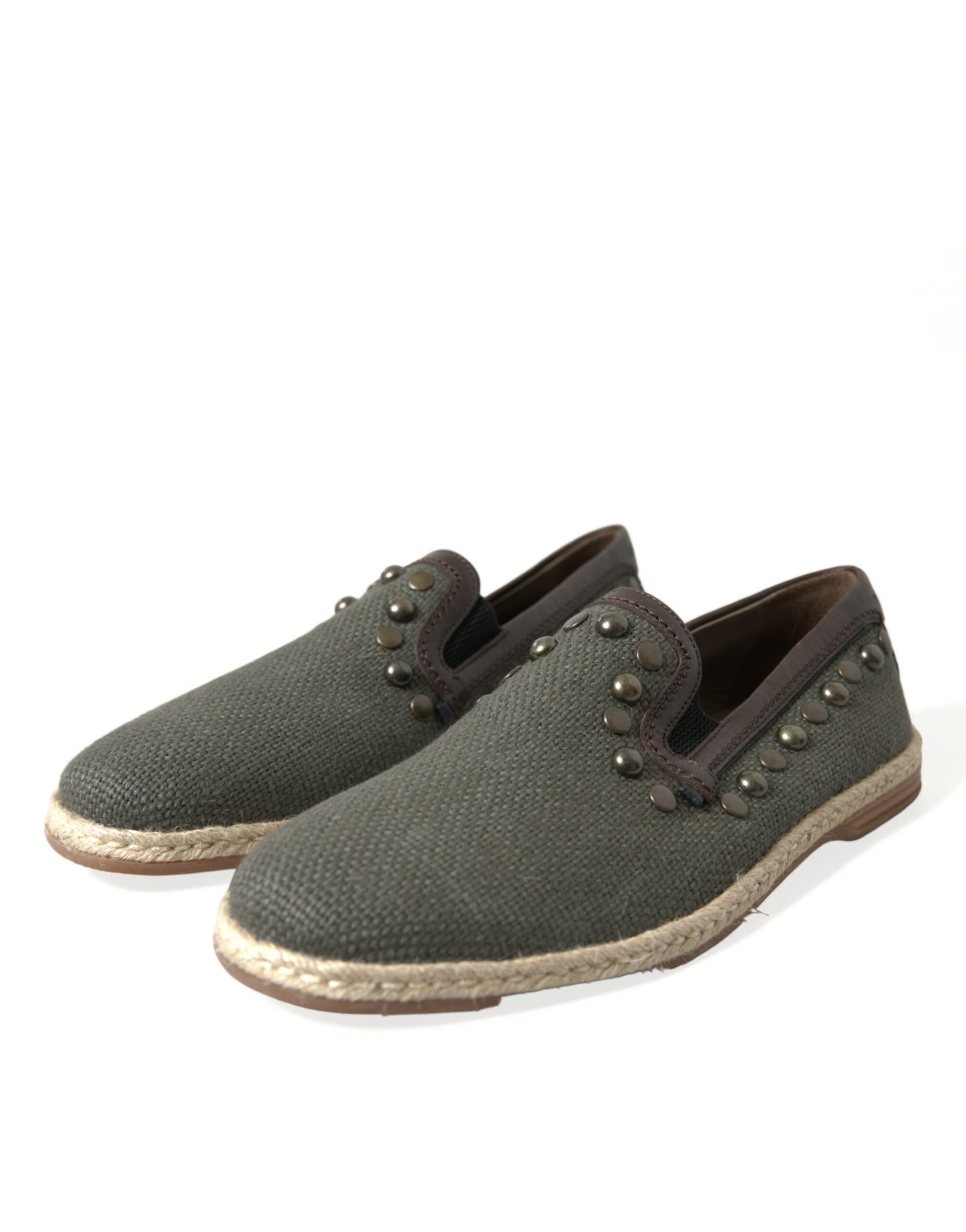 Dolce & Gabbana Gray Linen Leather Studded Loafers Shoes - 2