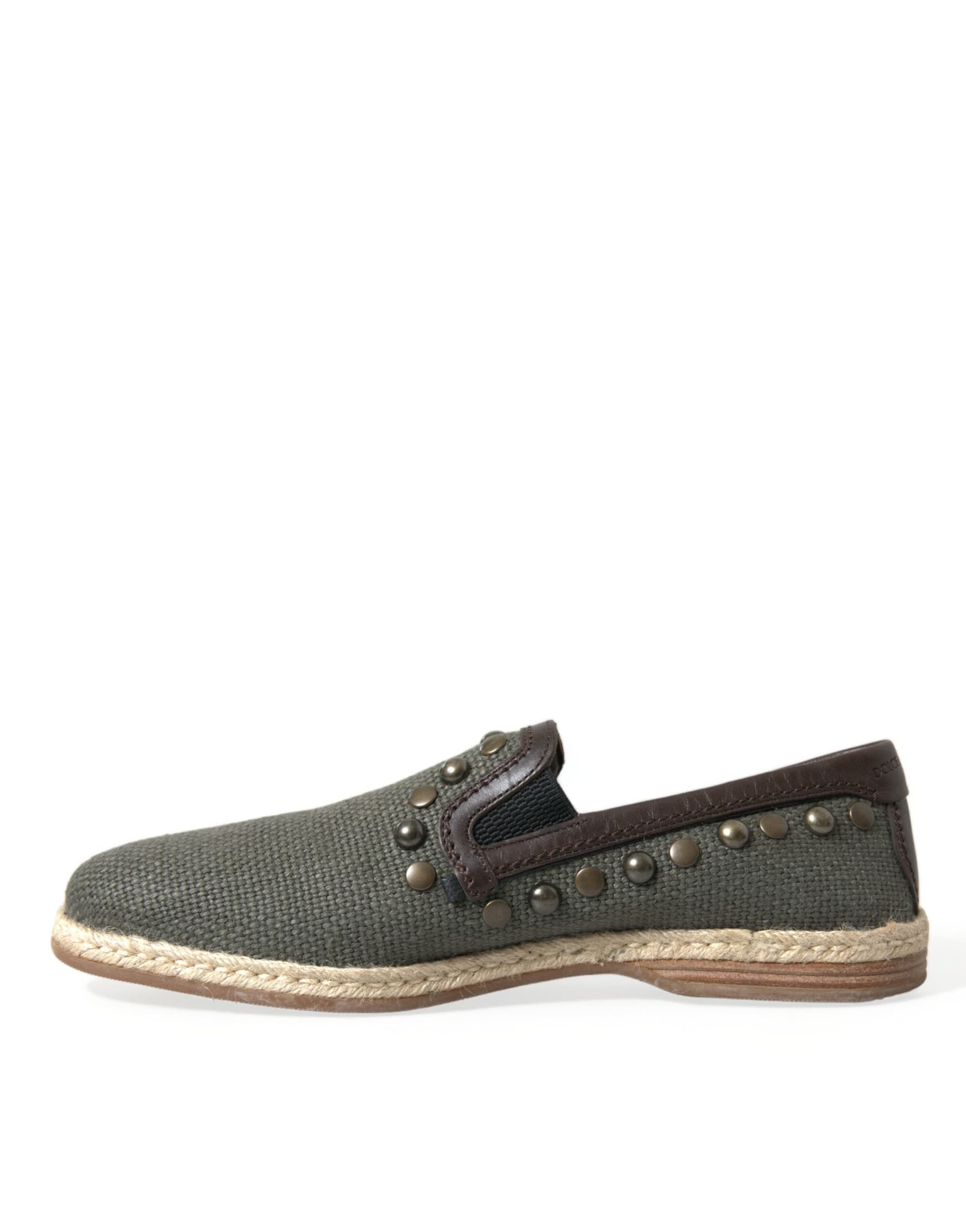 Dolce & Gabbana Gray Linen Leather Studded Loafers Shoes - 4