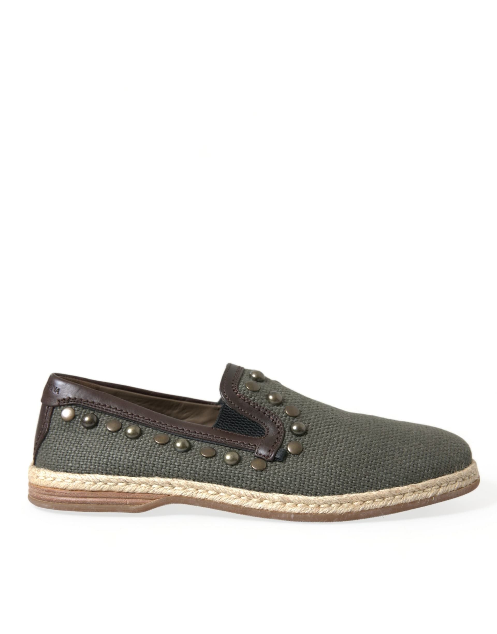 Dolce & Gabbana Gray Linen Leather Studded Loafers Shoes - 5