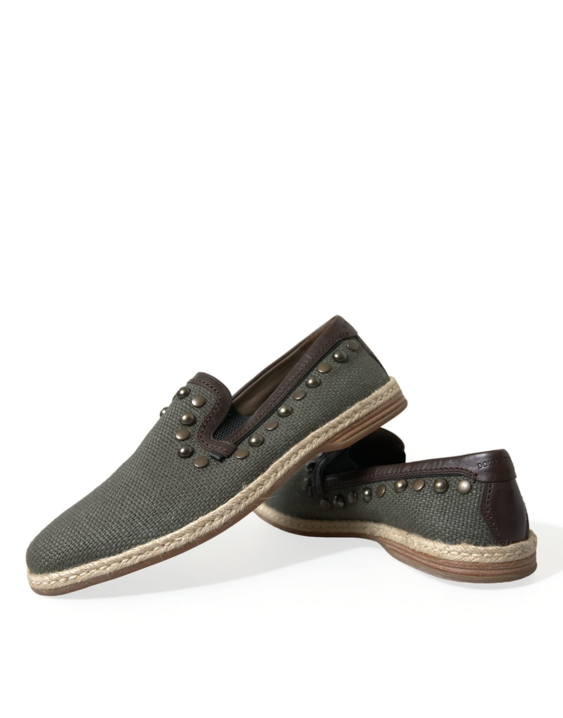 Dolce & Gabbana Gray Linen Leather Studded Loafers Shoes - 7