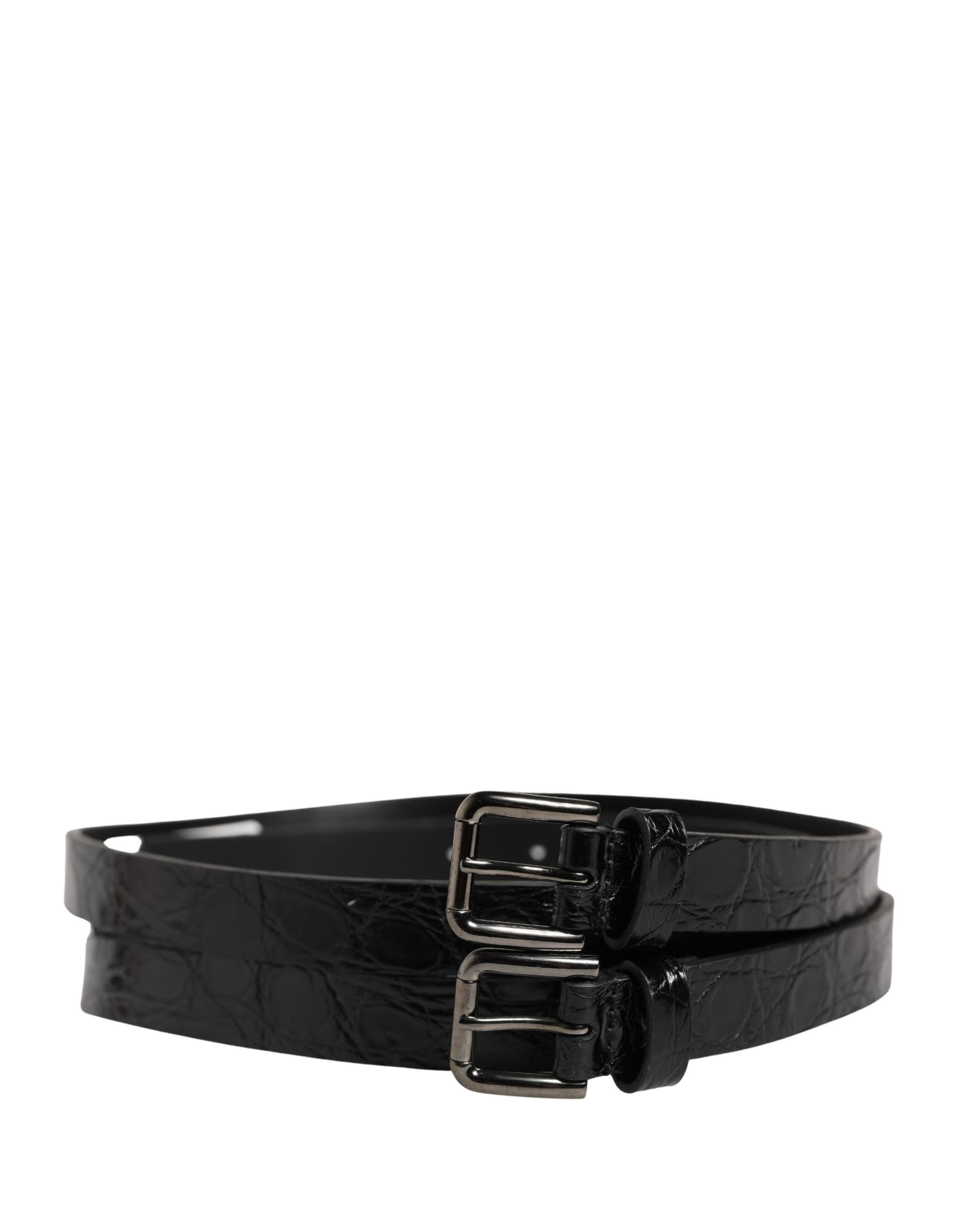 Dolce & Gabbana Black Double Strap Leather Silver Buckle Belt - 2