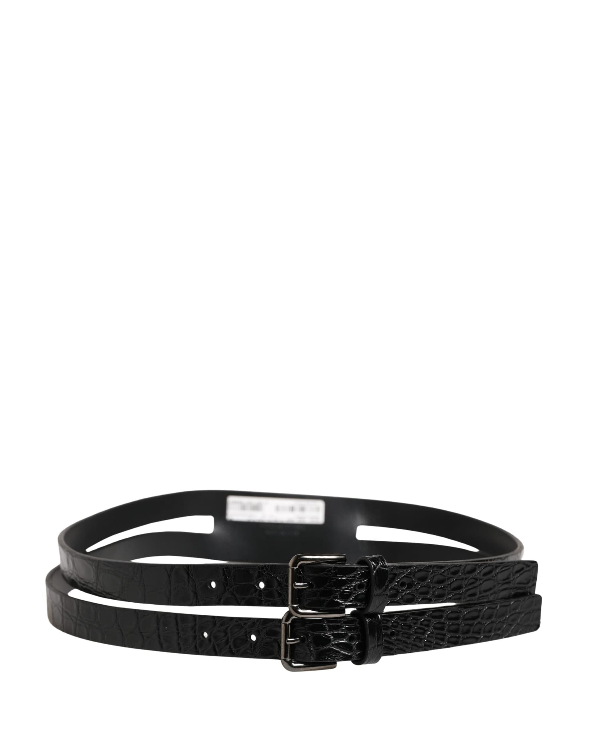 Dolce & Gabbana Black Double Strap Leather Silver Buckle Belt - 3