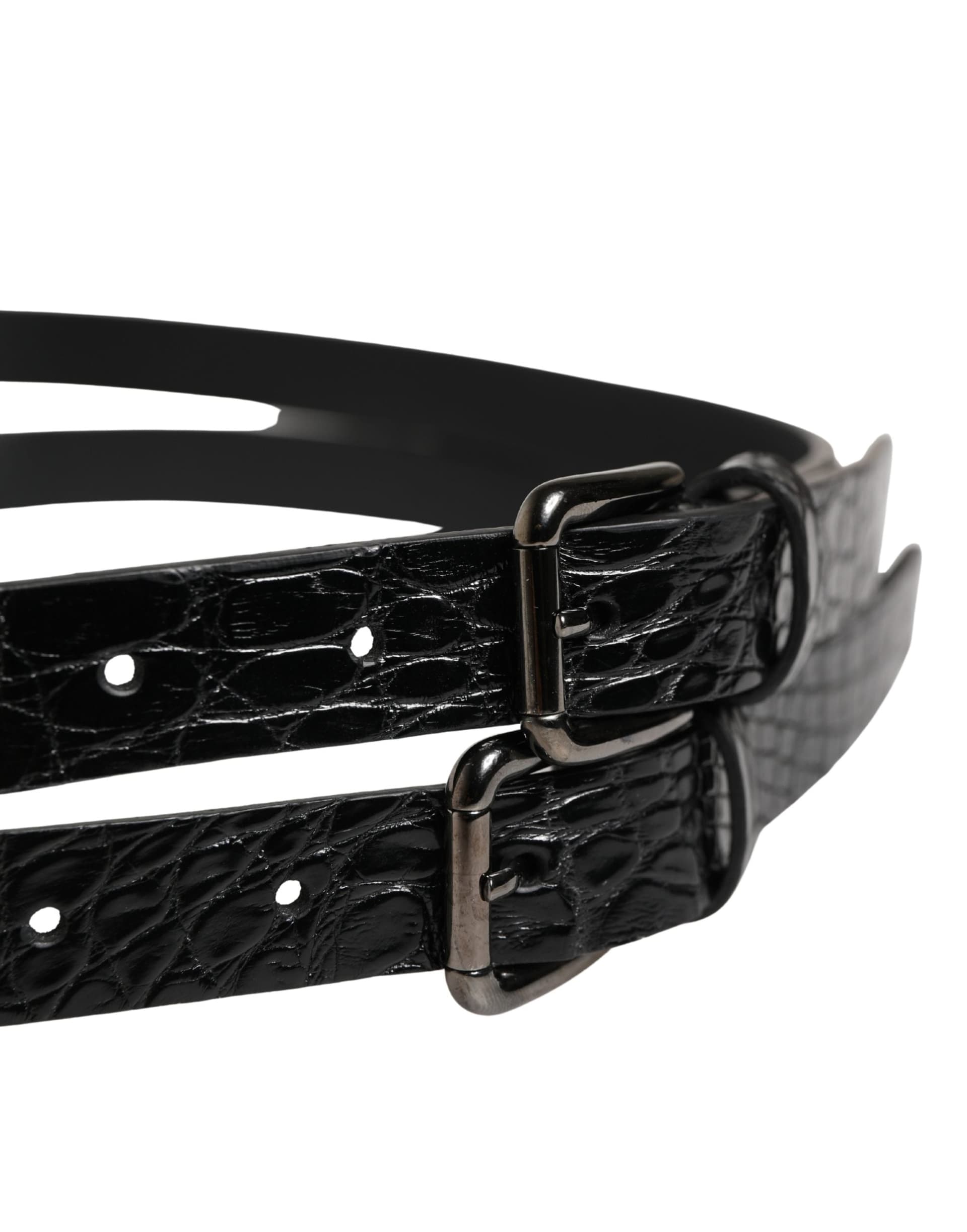 Dolce & Gabbana Black Double Strap Leather Silver Buckle Belt - 4