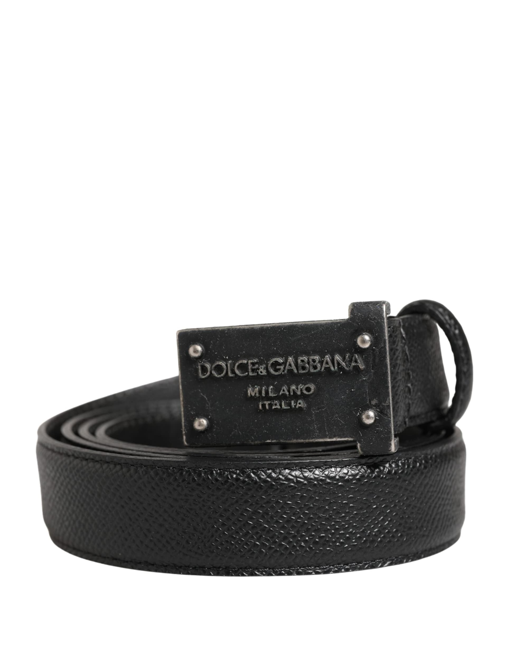 Dolce & Gabbana Men Black Calf Leather Logo Metal Buckle Belt - 2