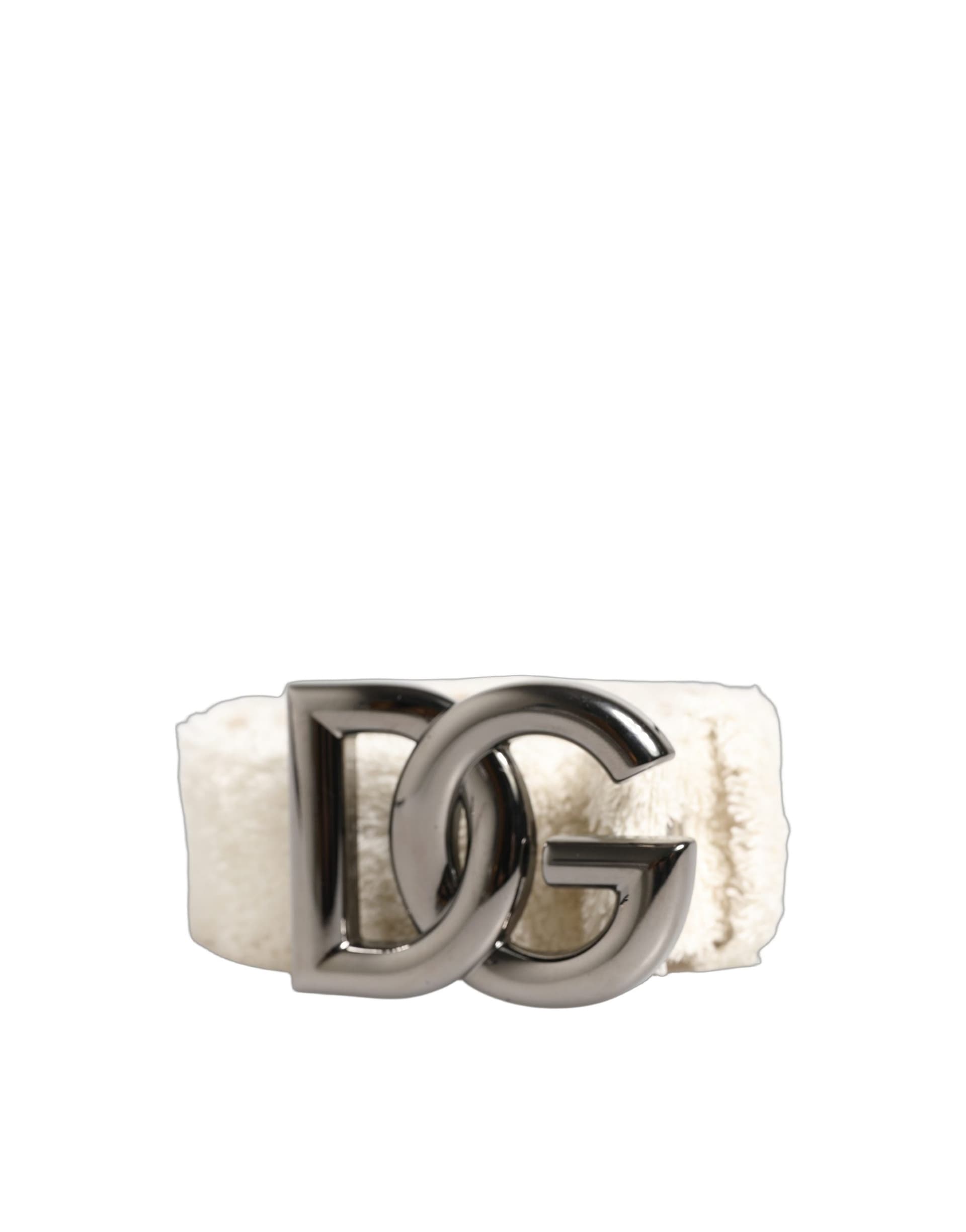 Dolce & Gabbana White Cotton Fleece DG Logo Metal Buckle Belt - 3