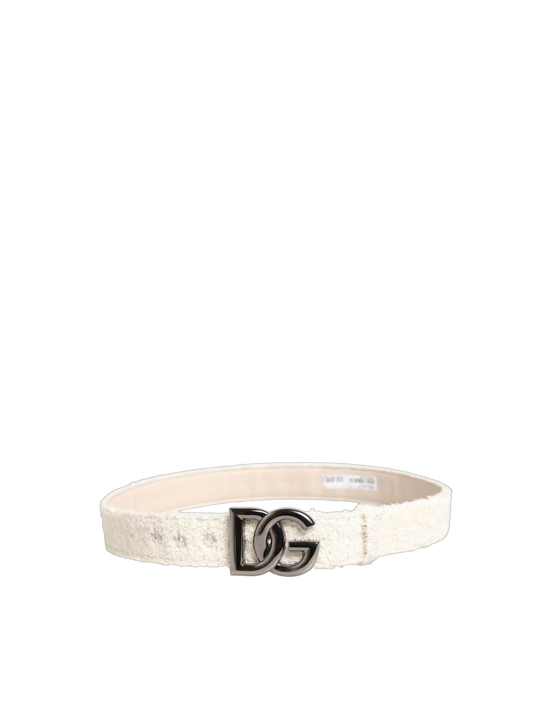Dolce & Gabbana White Cotton Fleece DG Logo Metal Buckle Belt - 5