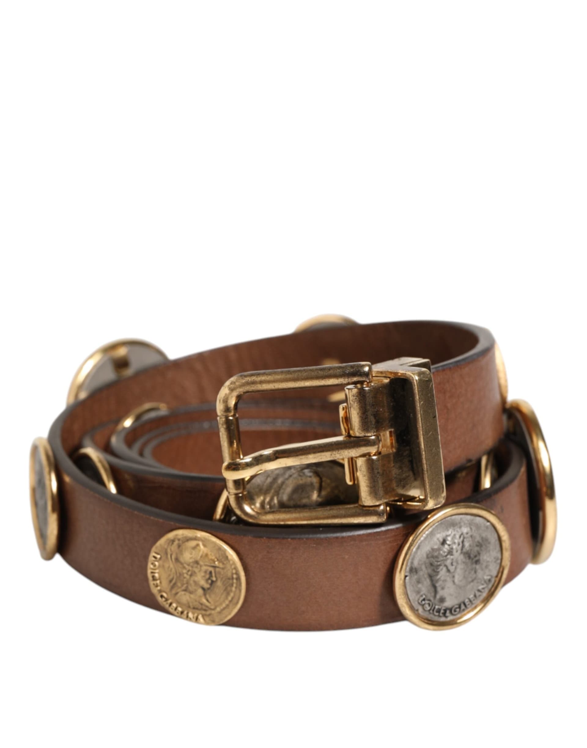 Dolce & Gabbana Brown Leather Gold Silver Coin Buckle Belt - 2