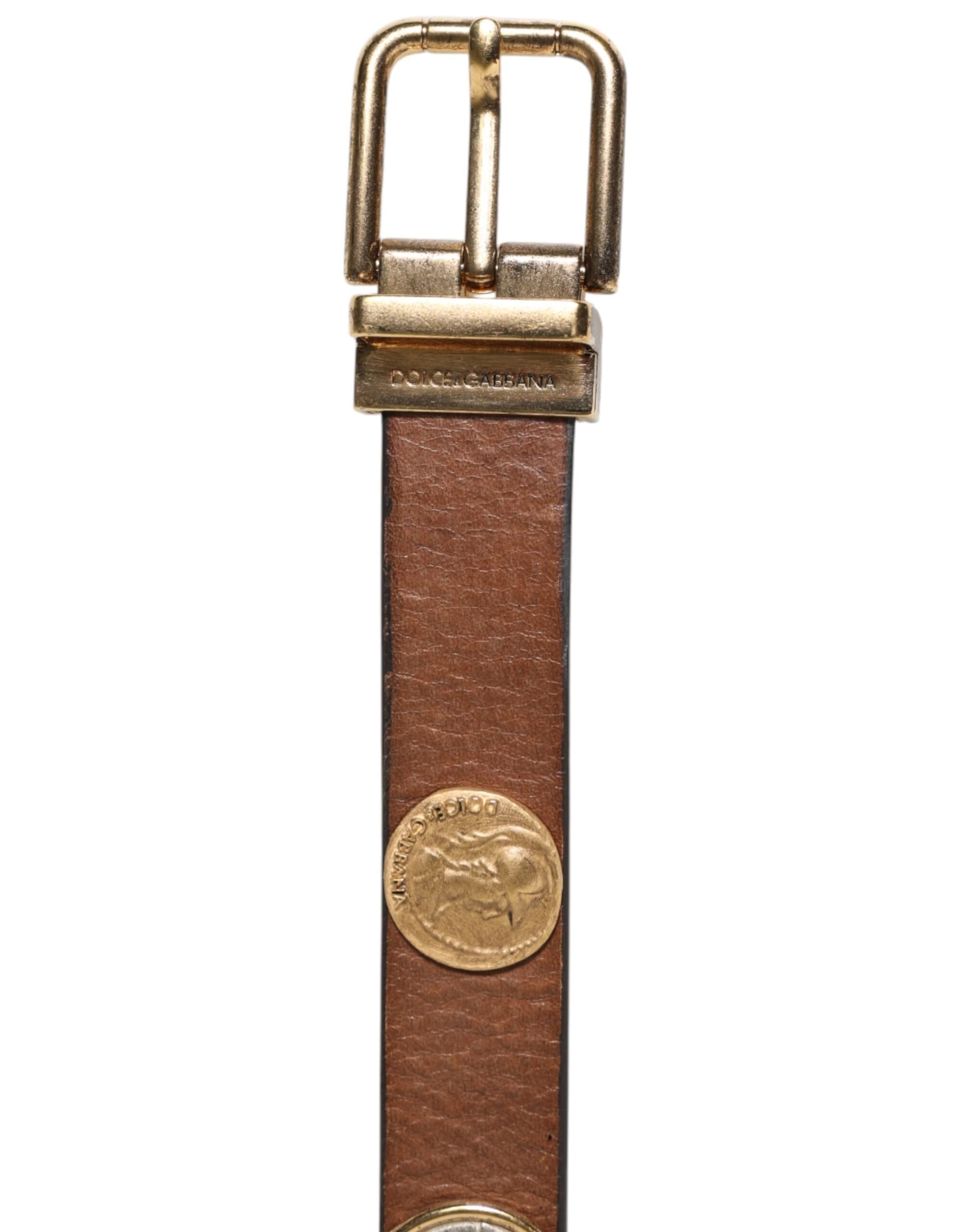 Dolce & Gabbana Brown Leather Gold Silver Coin Buckle Belt - 3
