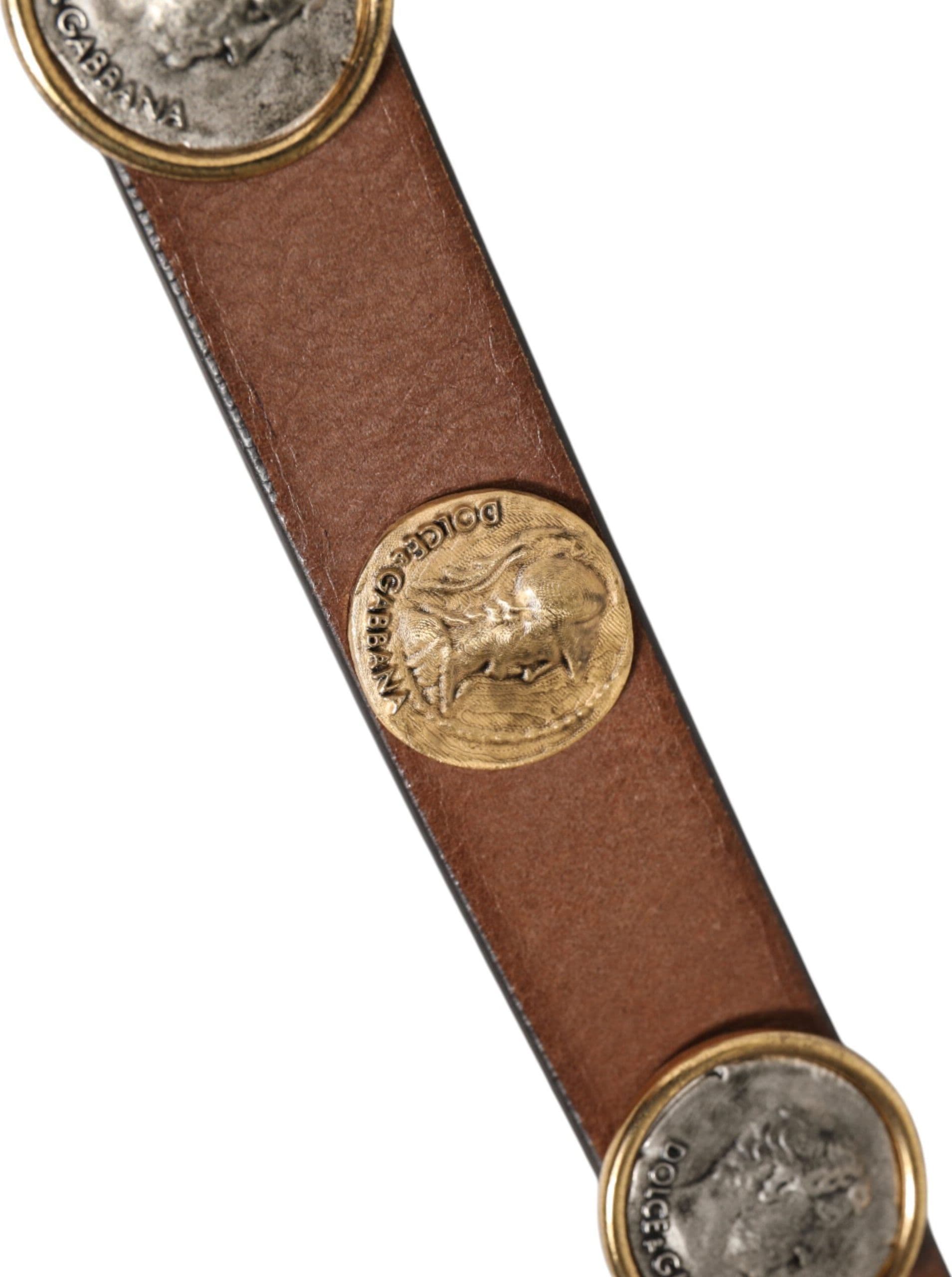 Dolce & Gabbana Brown Leather Gold Silver Coin Buckle Belt - 4