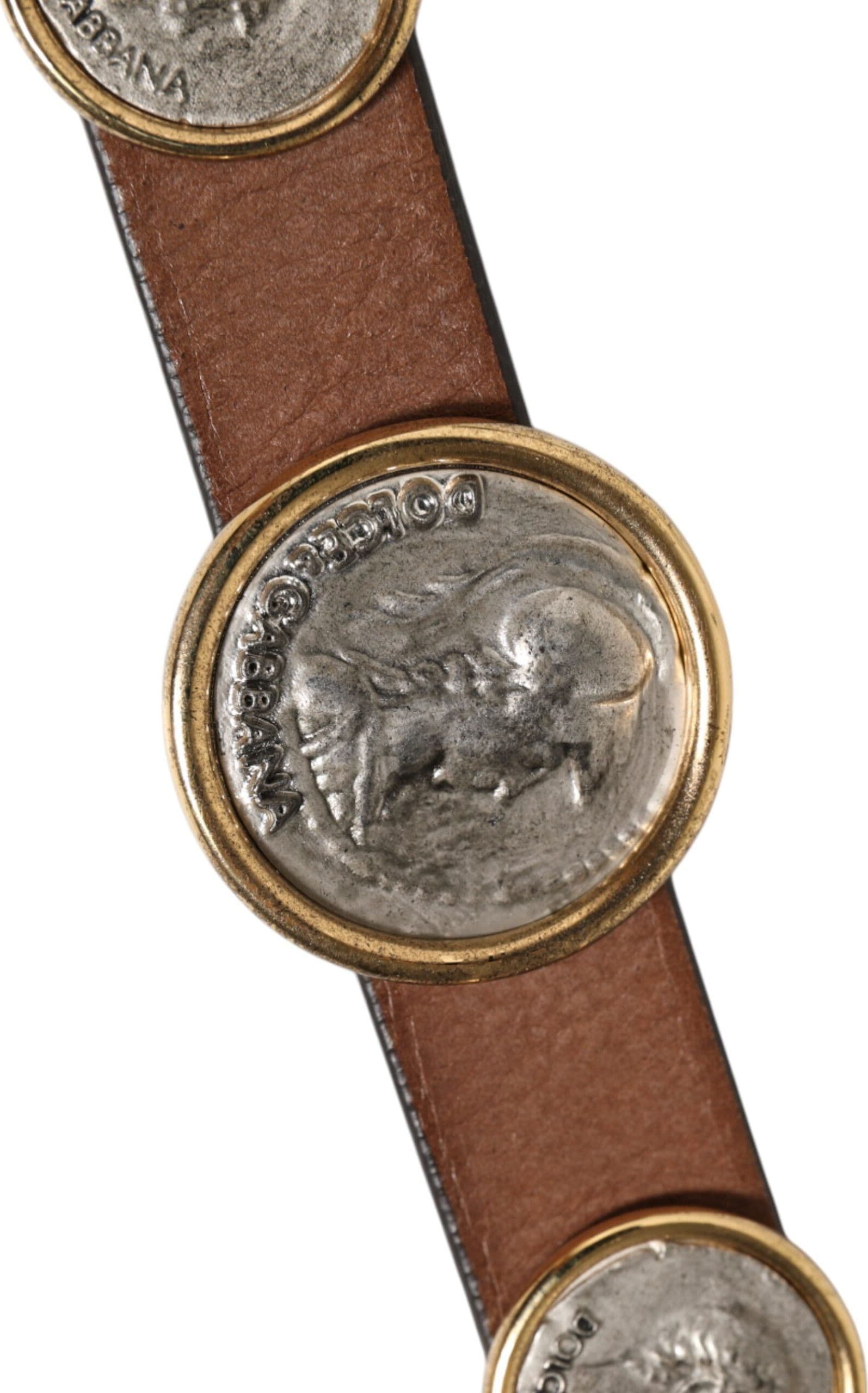Dolce & Gabbana Brown Leather Gold Silver Coin Buckle Belt - 5