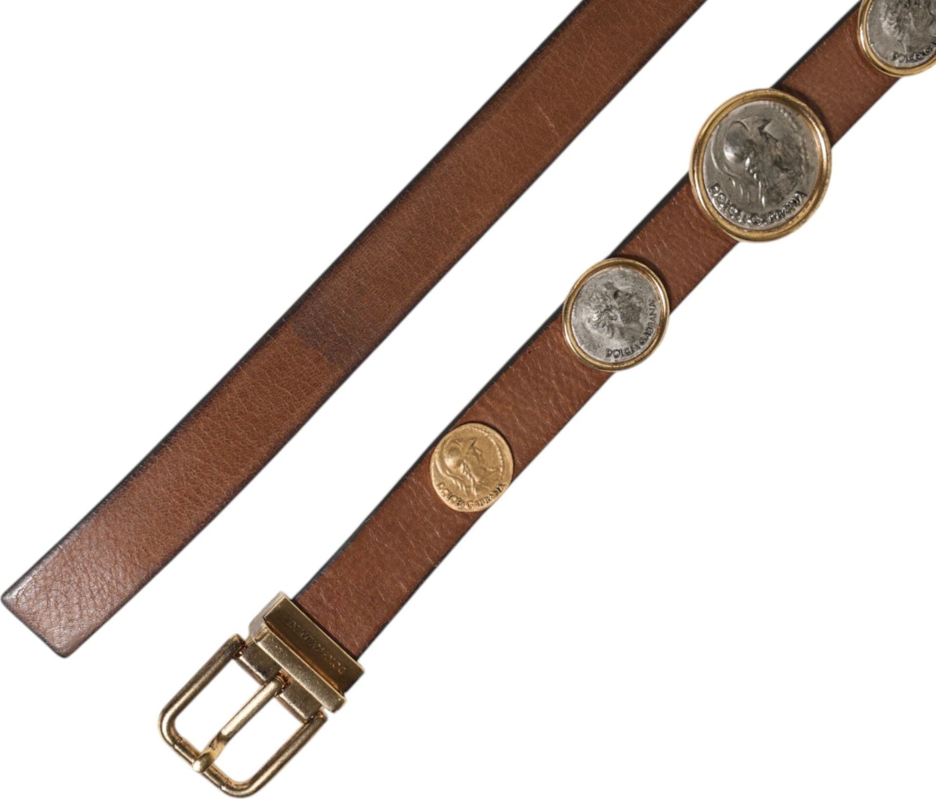 Dolce & Gabbana Brown Leather Gold Silver Coin Buckle Belt - 7