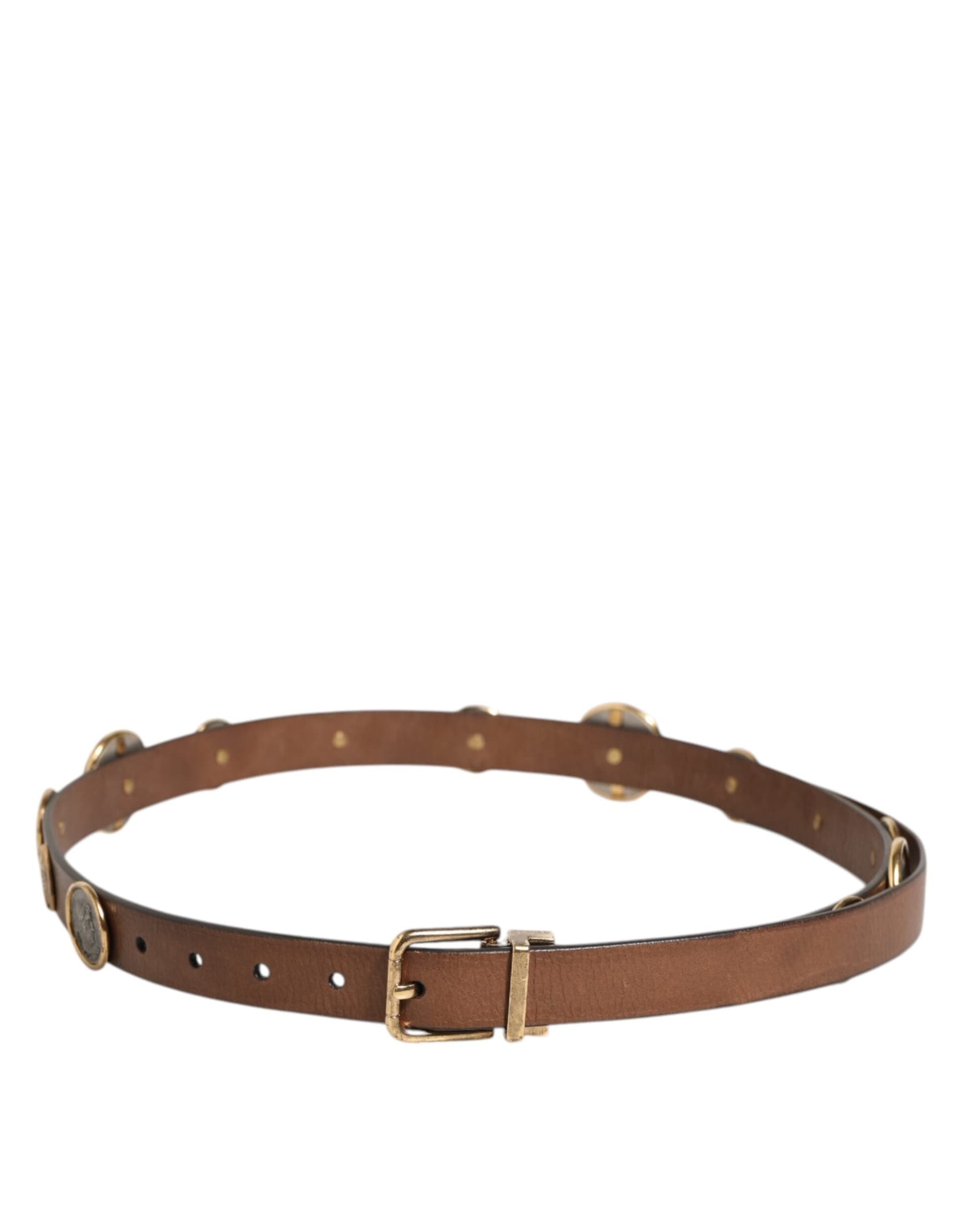 Dolce & Gabbana Brown Leather Gold Silver Coin Buckle Belt - 8