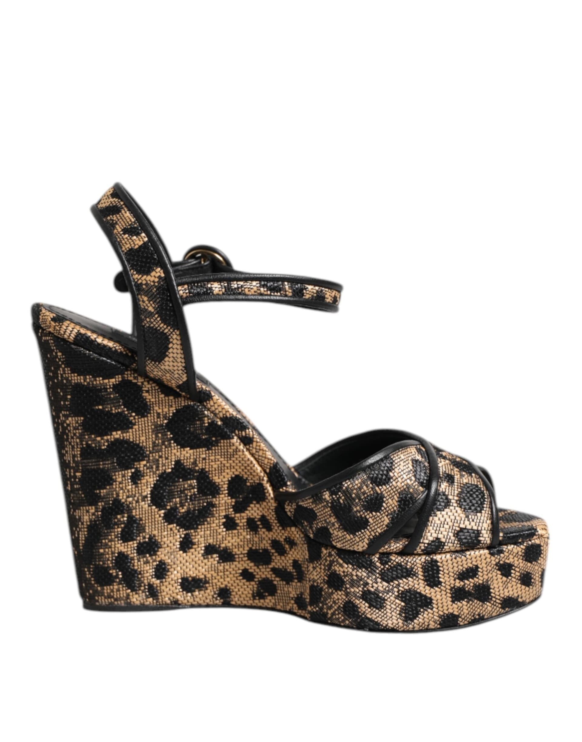 Dolce & Gabbana Brown Leopard Wedges Ankle Strap Sandals Shoes - 7