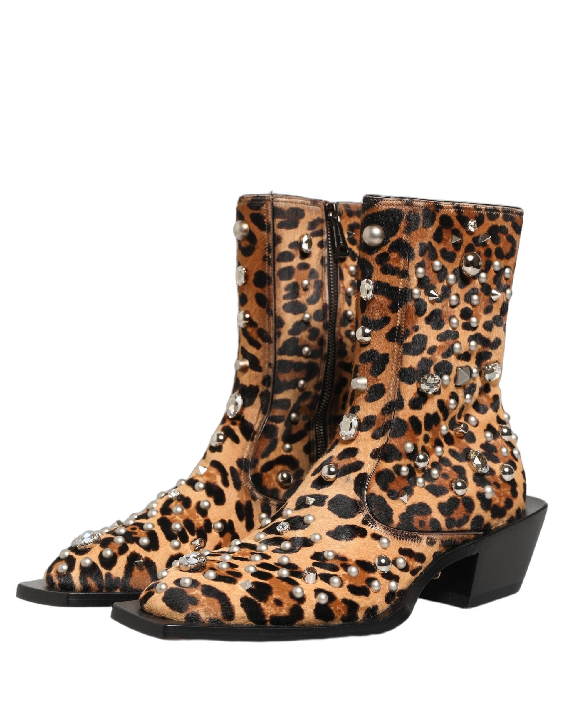 Dolce & Gabbana Brown Leopard Embellished Mid Calf Men Boots Shoes - 4