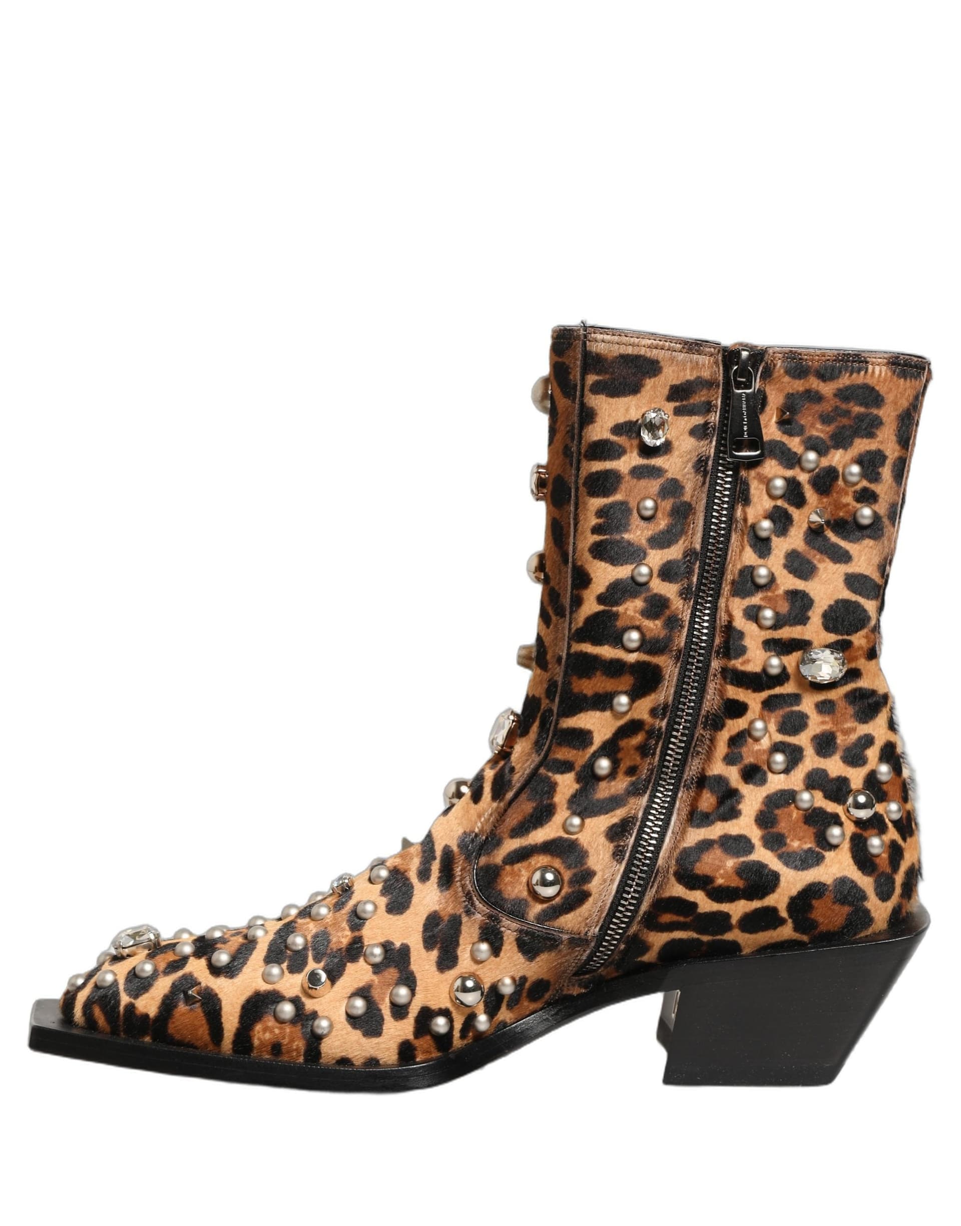 Dolce & Gabbana Brown Leopard Embellished Mid Calf Men Boots Shoes - 6