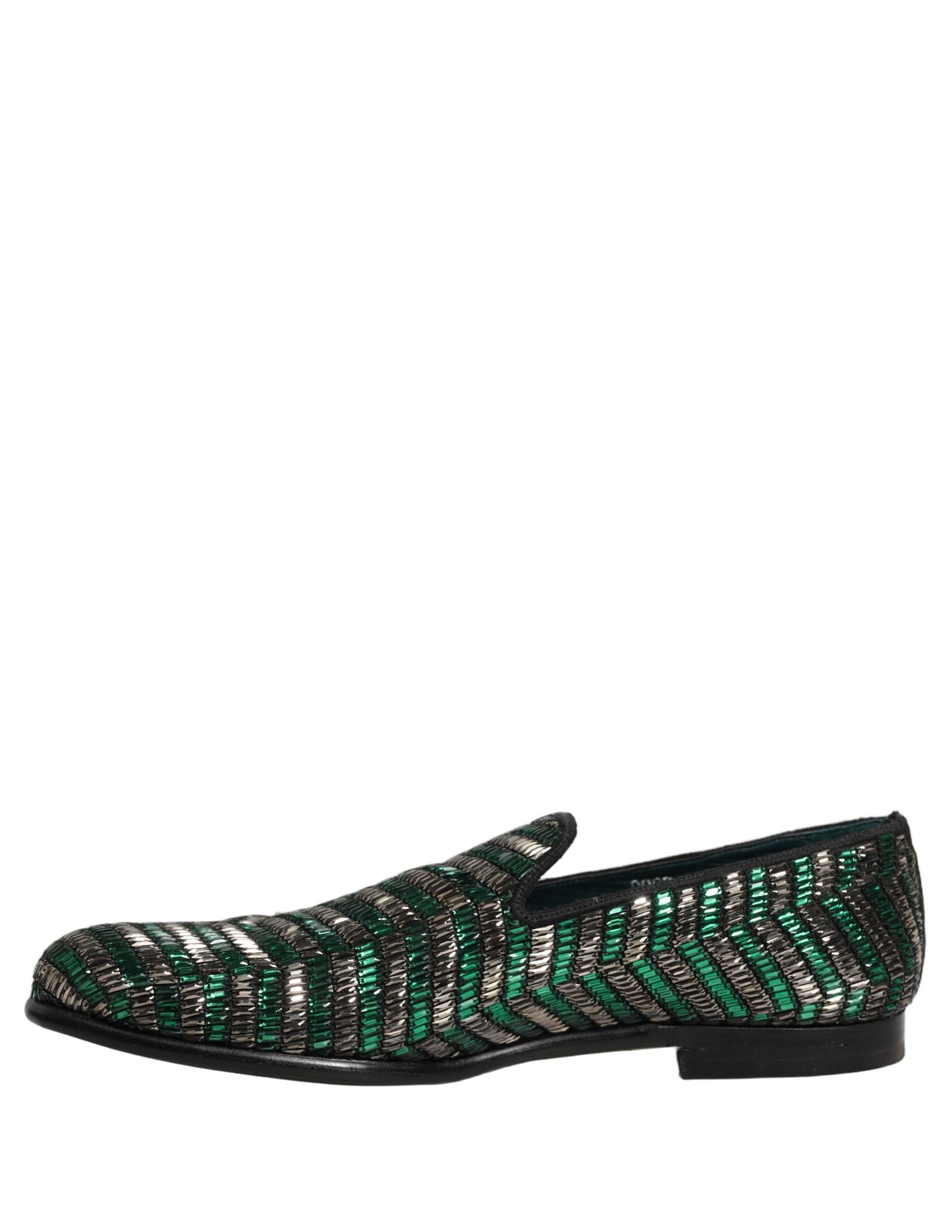 Dolce & Gabbana Silver Green Embellished Dress Loafers Shoes - 2