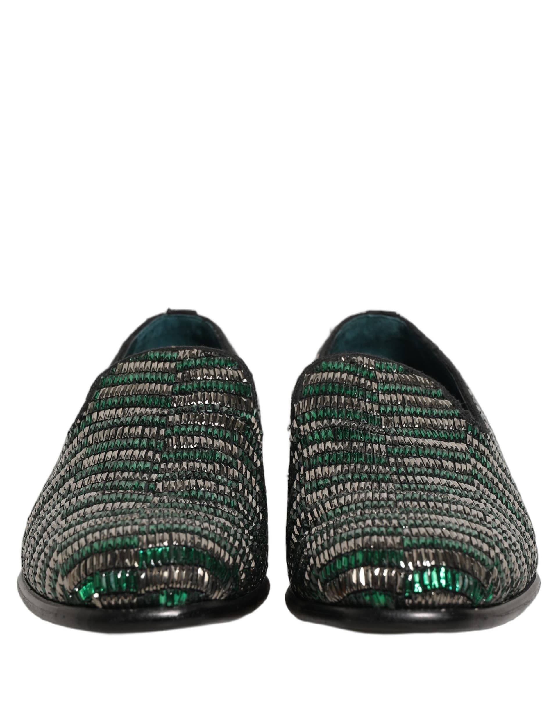 Dolce & Gabbana Silver Green Embellished Dress Loafers Shoes - 7