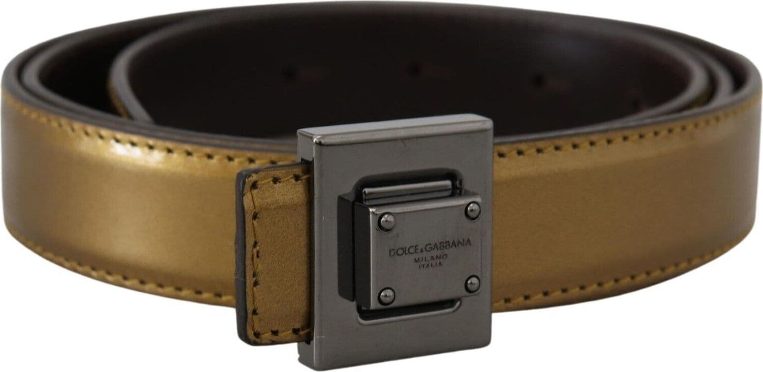 Dolce & Gabbana Gold Leather Silver Square Metal Buckle Belt - 2