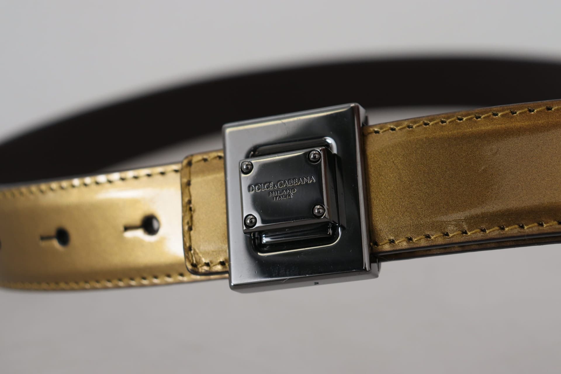 Dolce & Gabbana Gold Leather Silver Square Metal Buckle Belt - 6