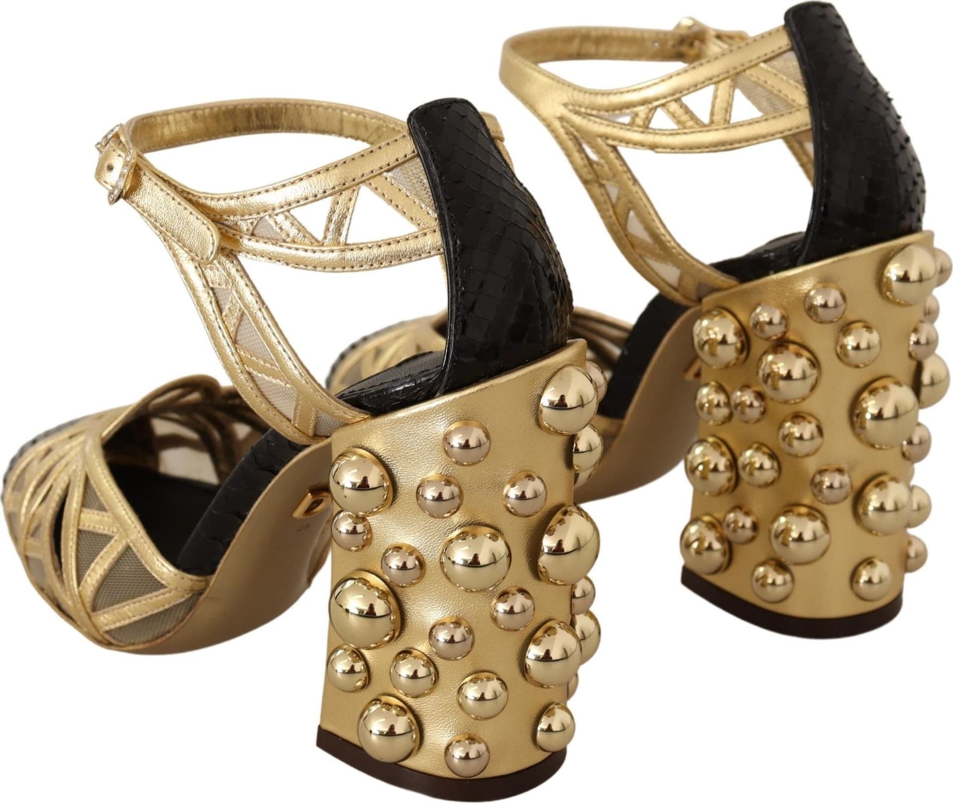 Dolce & Gabbana Black Gold Leather Studded Ankle Straps Shoes - 2