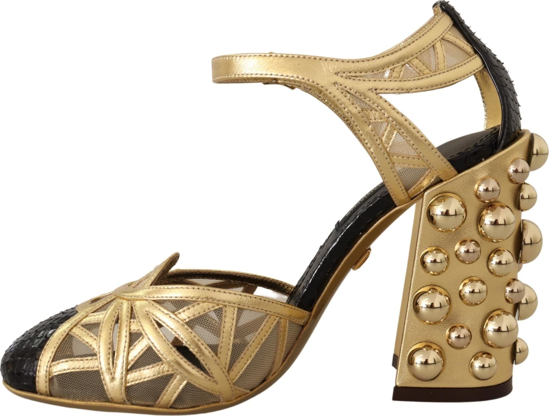 Dolce & Gabbana Black Gold Leather Studded Ankle Straps Shoes - 3