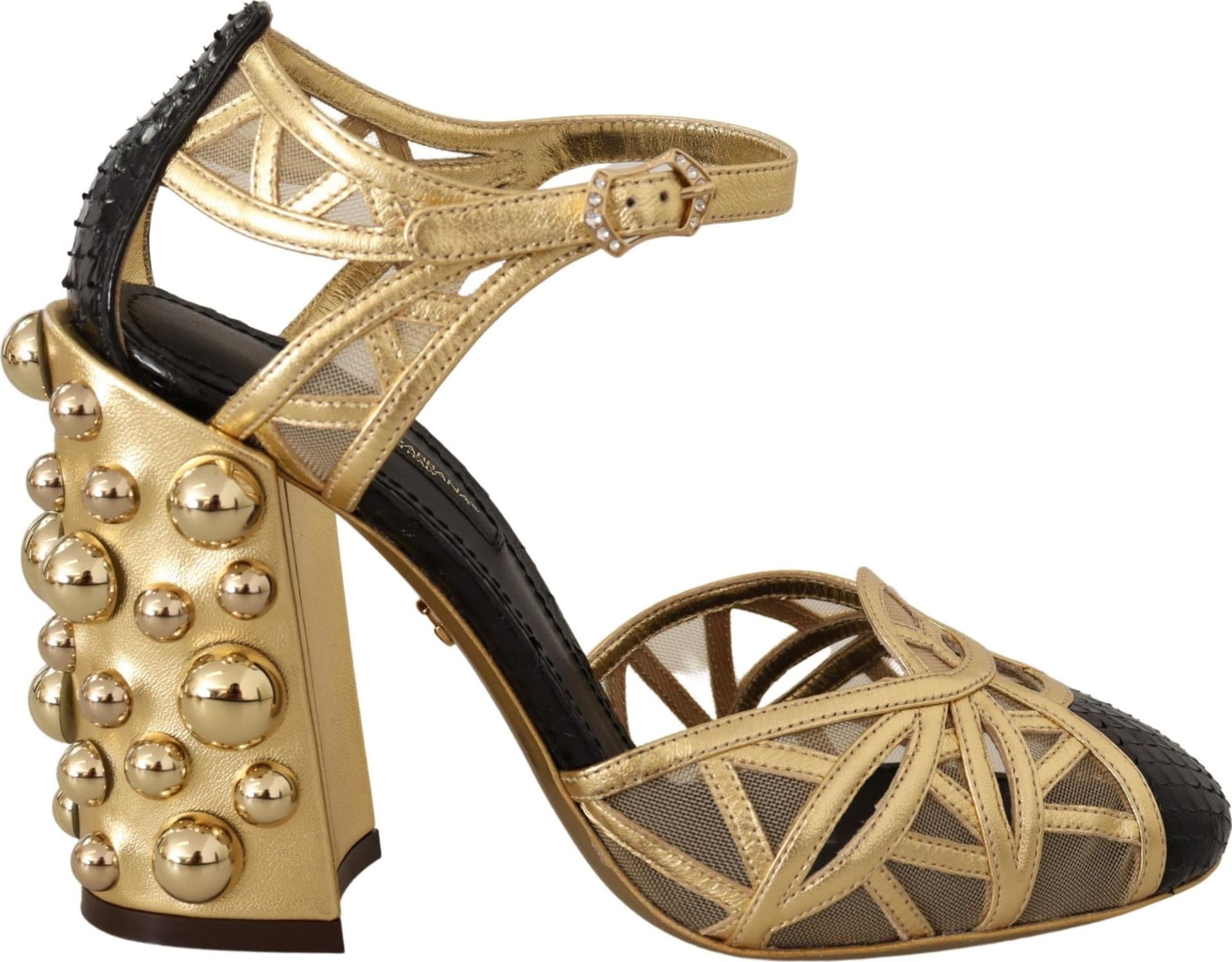 Dolce & Gabbana Black Gold Leather Studded Ankle Straps Shoes - 4