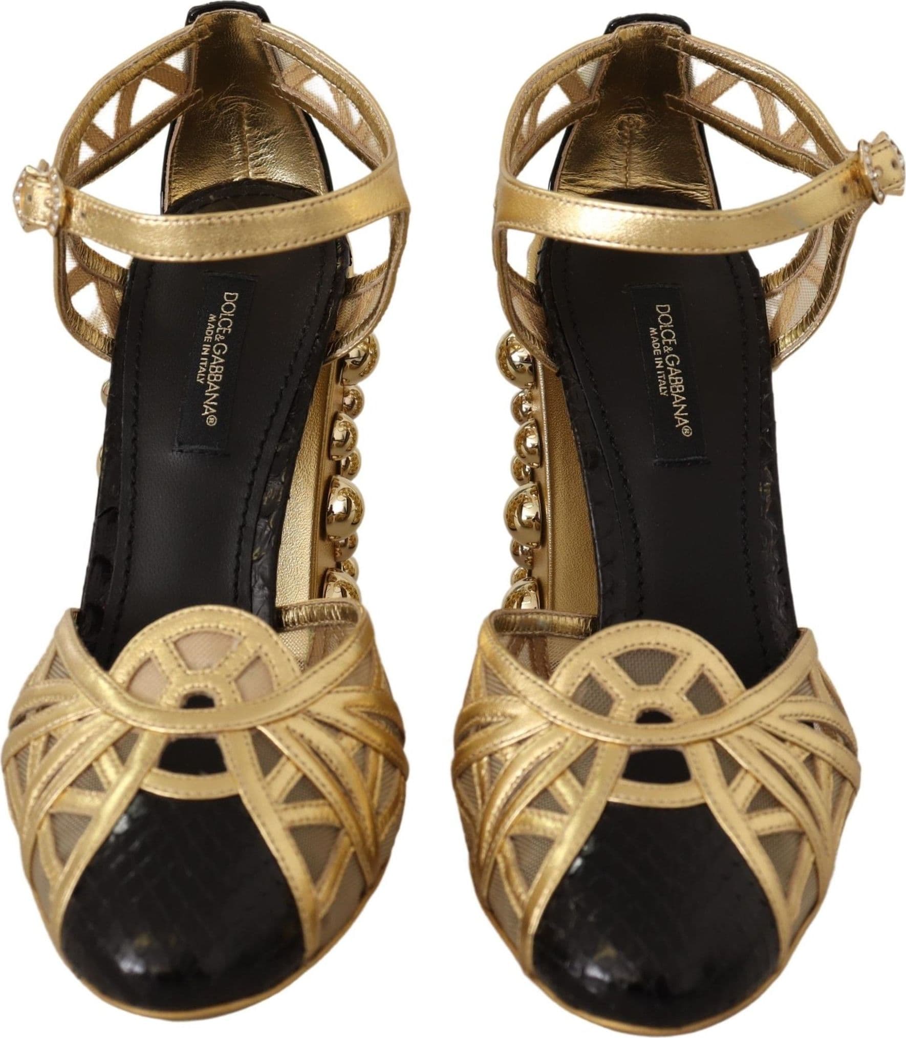 Dolce & Gabbana Black Gold Leather Studded Ankle Straps Shoes - 7