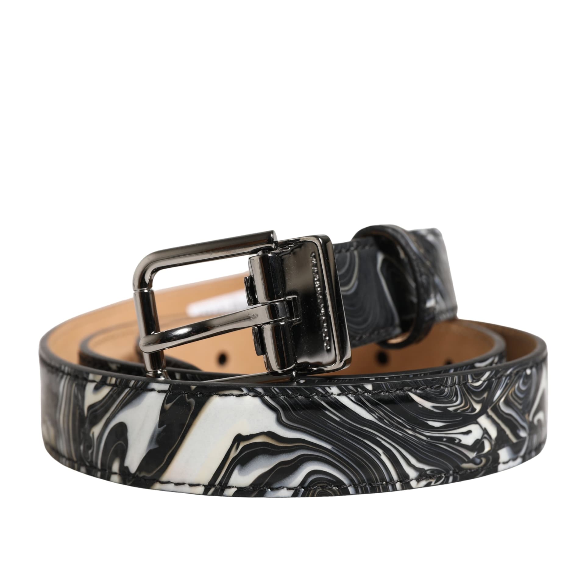 Dolce & Gabbana Men Black Marble Leather Metal Buckle Belt - 2