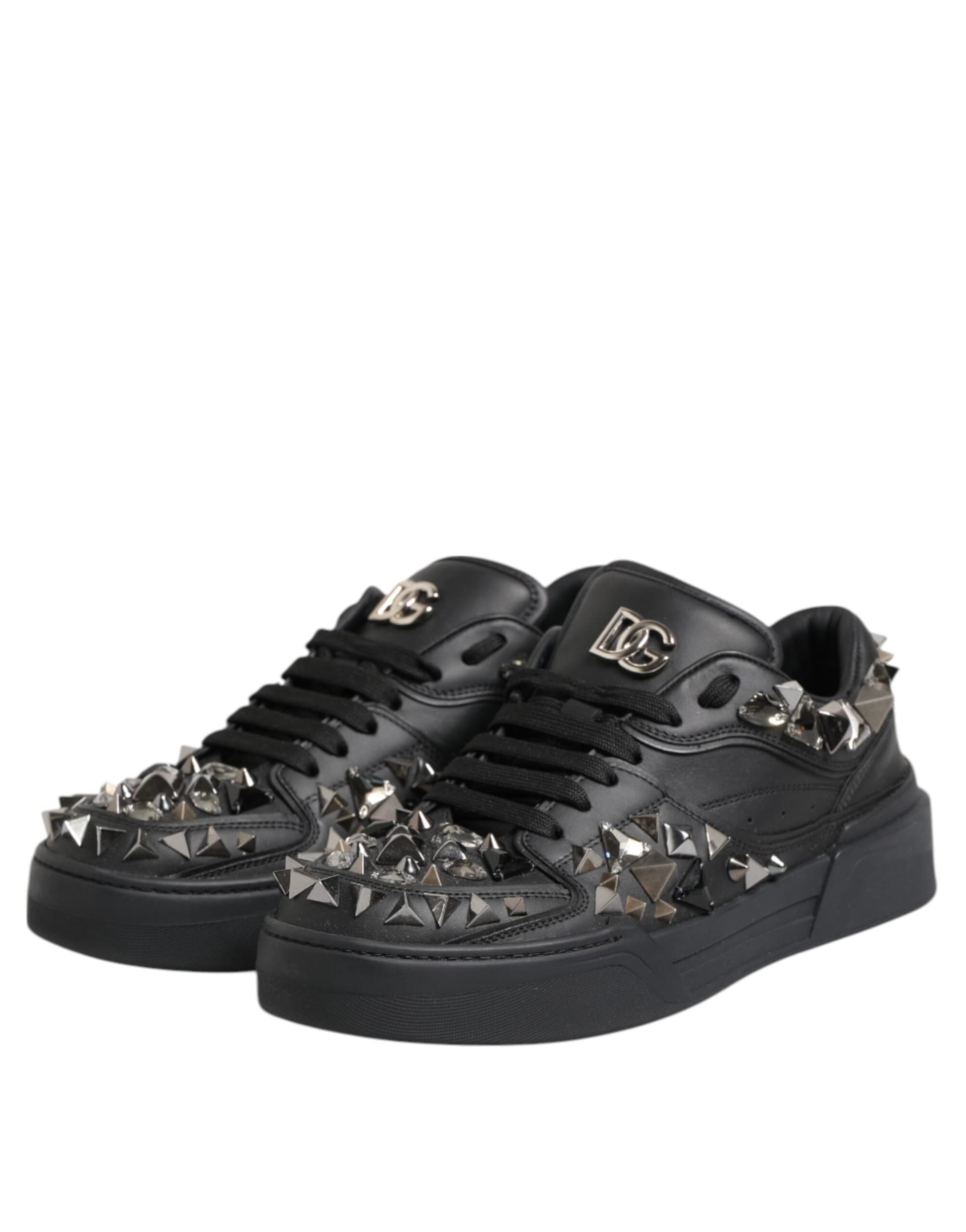 Dolce & Gabbana Black Leather Studded Low Top Sneakers Shoes - 8