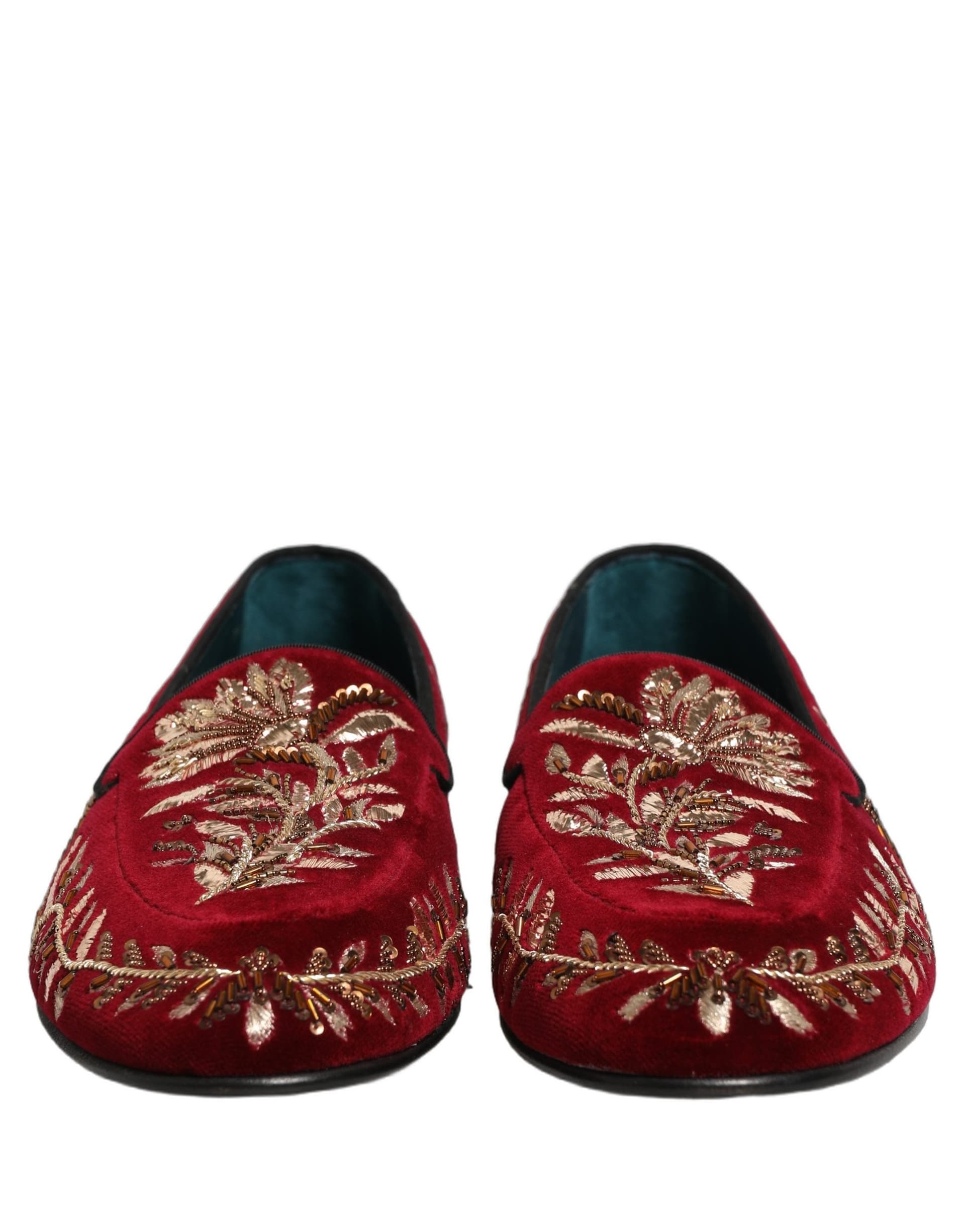 Dolce & Gabbana Red Velvet Floral Embroidery Loafers Shoes - 2