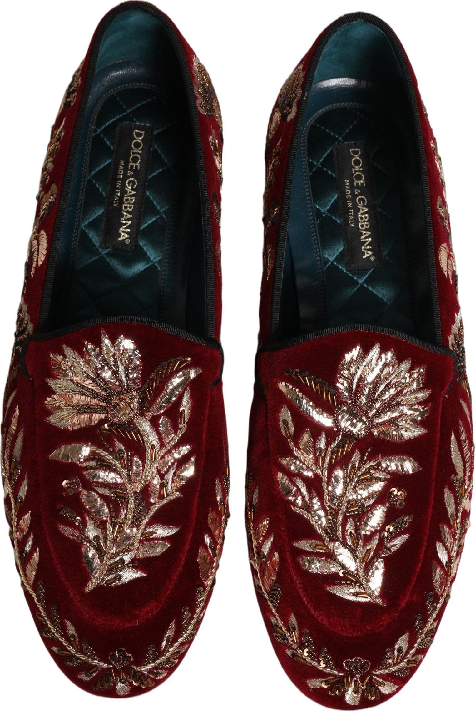 Dolce & Gabbana Red Velvet Floral Embroidery Loafers Shoes - 3