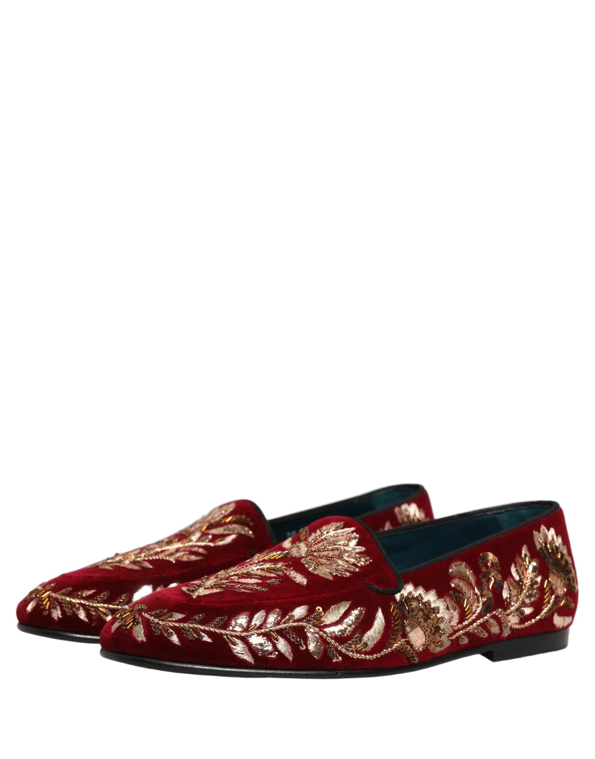 Dolce & Gabbana Red Velvet Floral Embroidery Loafers Shoes - 4
