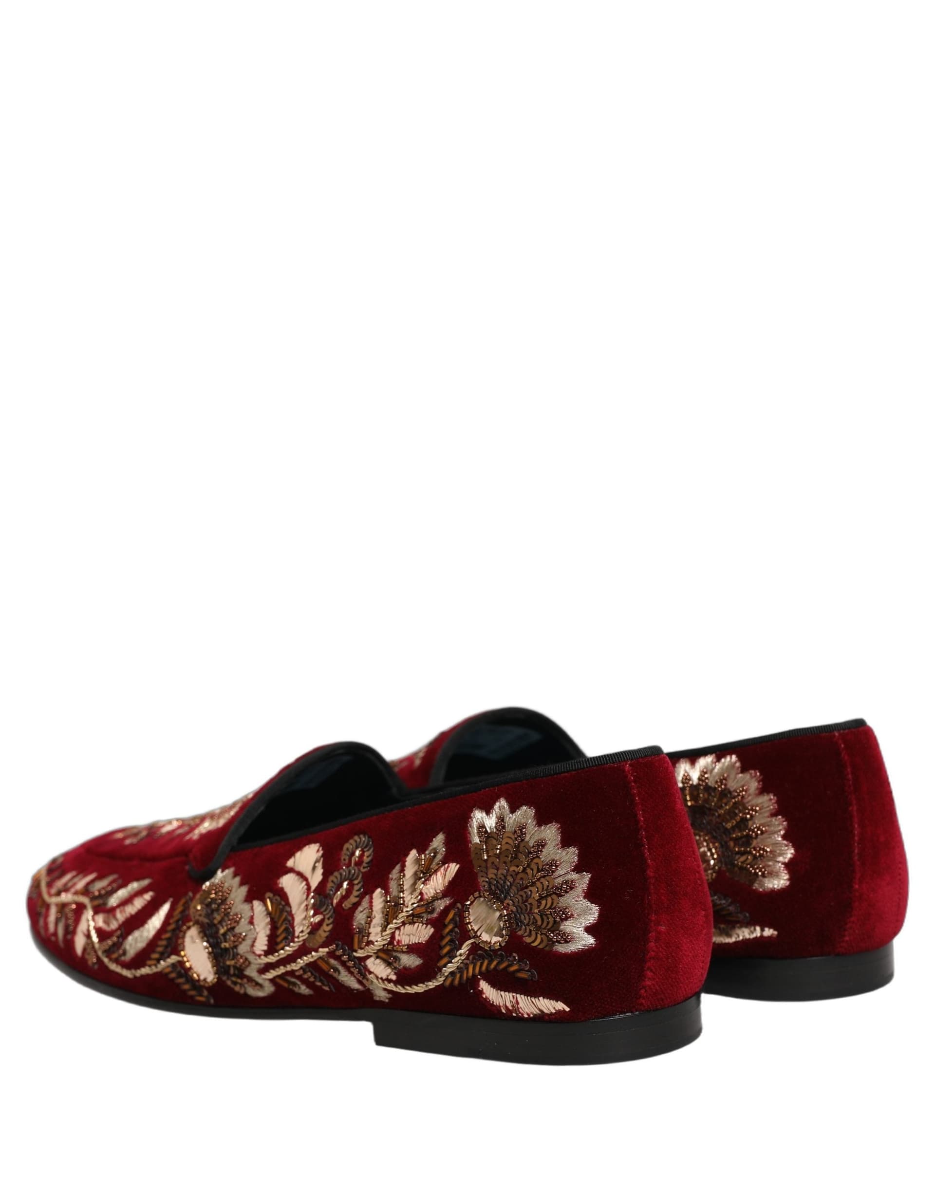 Dolce & Gabbana Red Velvet Floral Embroidery Loafers Shoes - 5