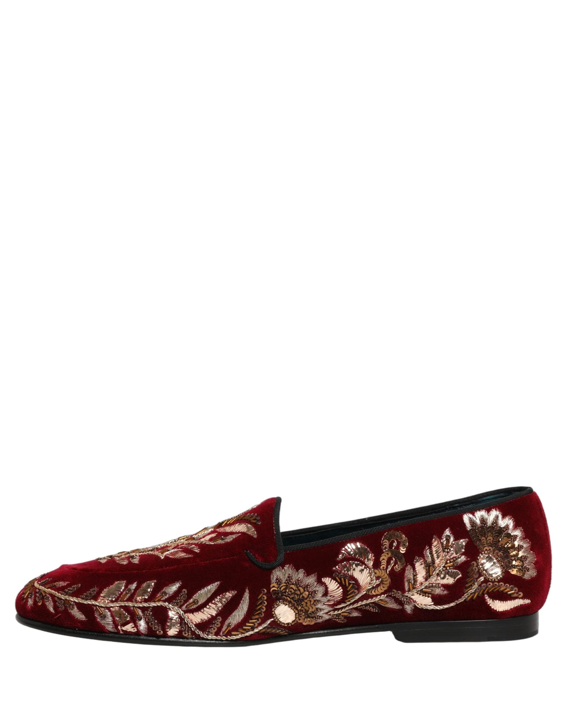 Dolce & Gabbana Red Velvet Floral Embroidery Loafers Shoes - 6